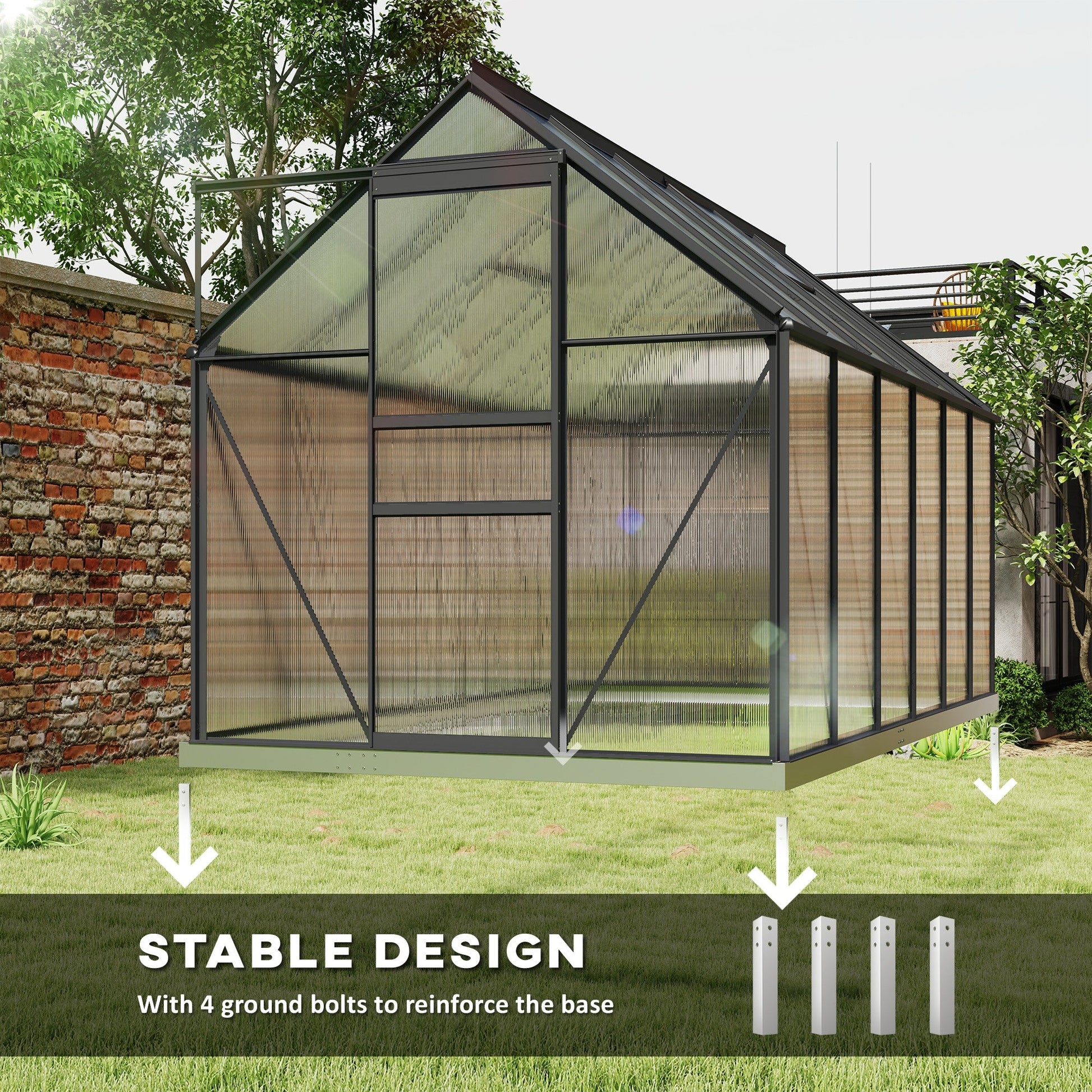 6' x 12' x 6.5' Polycarbonate Greenhouse, Walk-in Green House with Adjustable Roof Vent Galvanized Base Sliding Door Rain Gutter for Outdoor Garden Backyard, Charcoal Grey