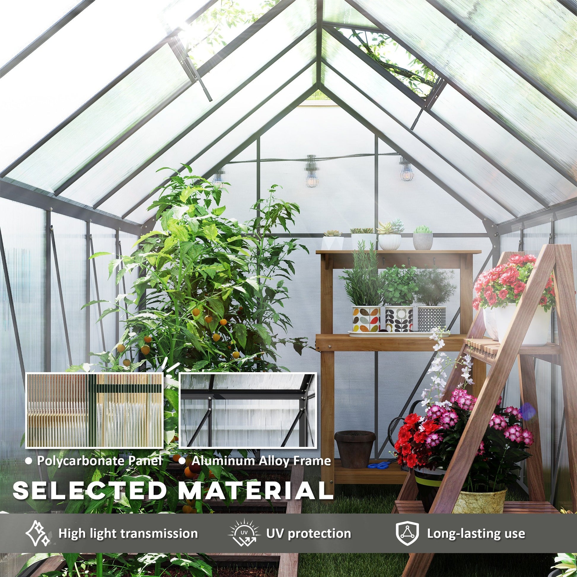 6' x 12' x 6.5' Polycarbonate Greenhouse, Walk-in Green House with Adjustable Roof Vent Galvanized Base Sliding Door Rain Gutter for Outdoor Garden Backyard, Charcoal Grey