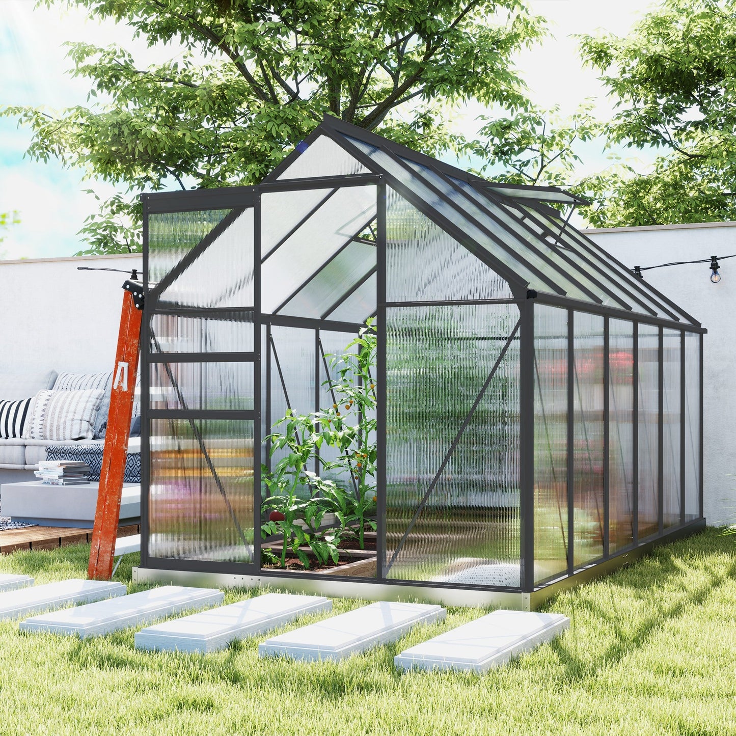 6' x 12' x 6.5' Polycarbonate Greenhouse, Walk-in Green House with Adjustable Roof Vent Galvanized Base Sliding Door Rain Gutter for Outdoor Garden Backyard, Charcoal Grey
