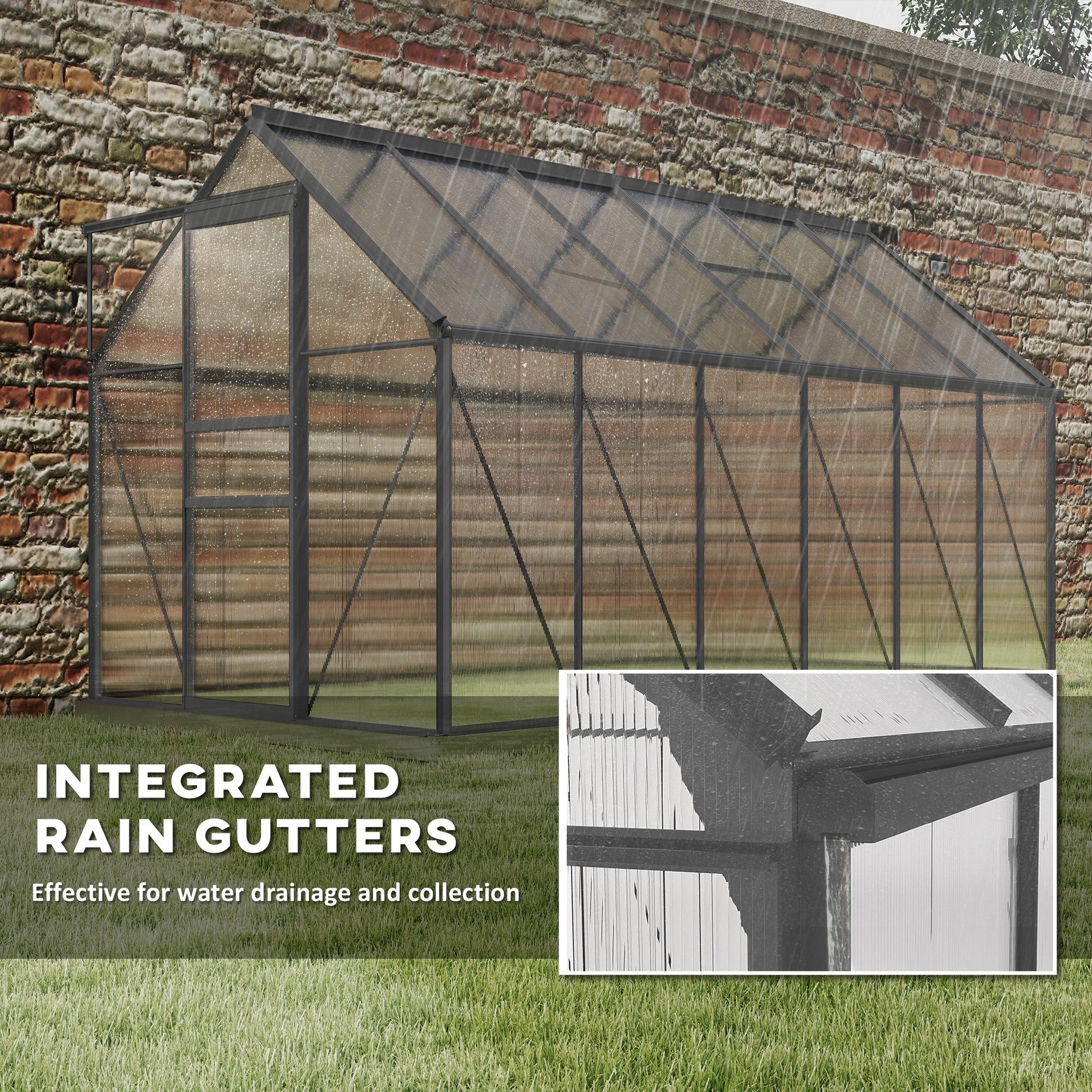 6' x 12' x 6.5' Polycarbonate Greenhouse, Walk-in Green House with Adjustable Roof Vent Galvanized Base Sliding Door Rain Gutter for Outdoor Garden Backyard, Charcoal Grey