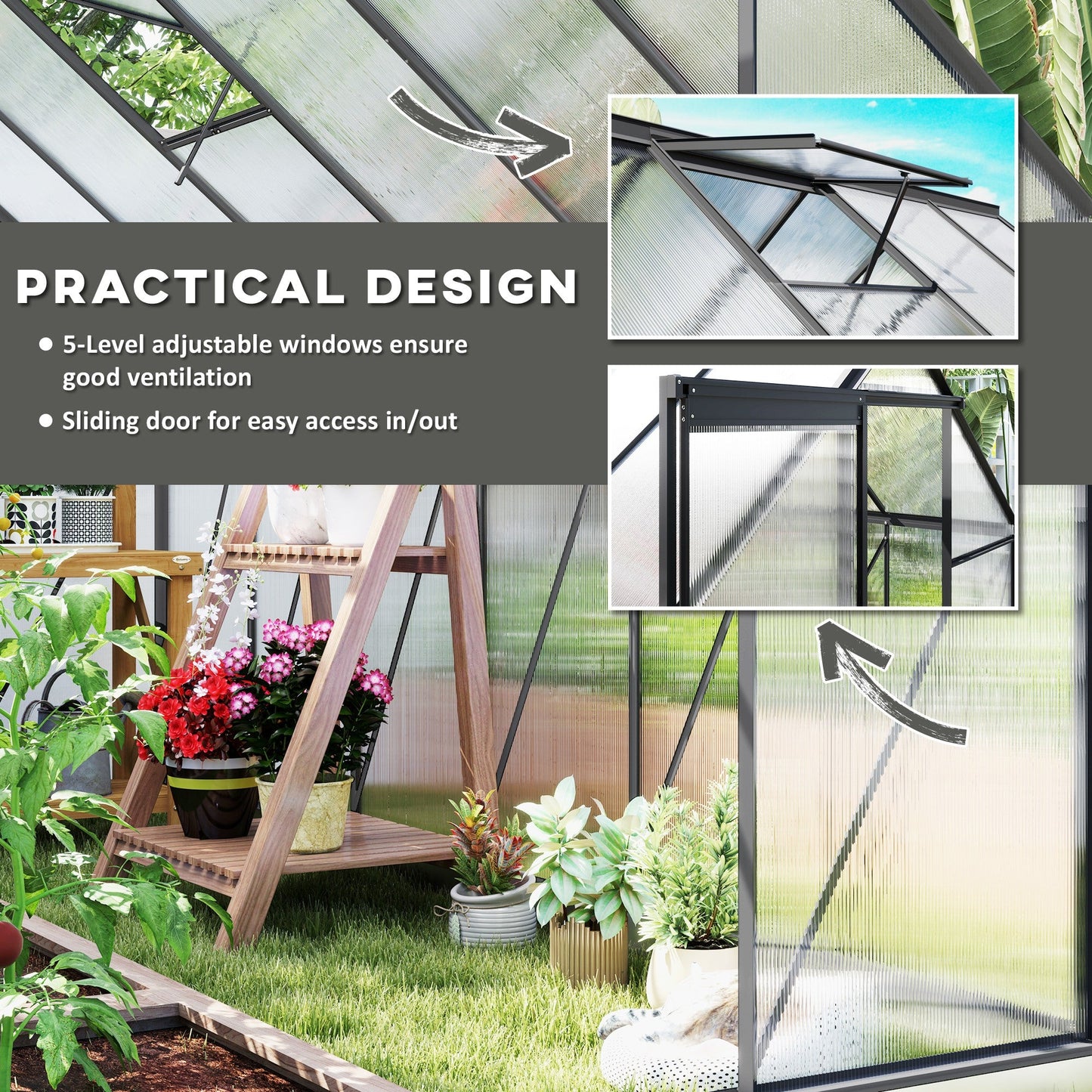 6' x 12' x 6.5' Polycarbonate Greenhouse, Walk-in Green House with Adjustable Roof Vent Galvanized Base Sliding Door Rain Gutter for Outdoor Garden Backyard, Charcoal Grey