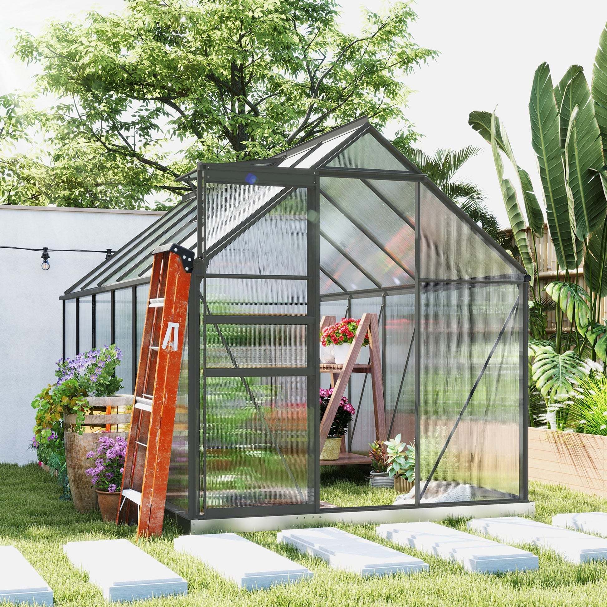 6' x 12' x 6.5' Polycarbonate Greenhouse, Walk-in Green House with Adjustable Roof Vent Galvanized Base Sliding Door Rain Gutter for Outdoor Garden Backyard, Charcoal Grey