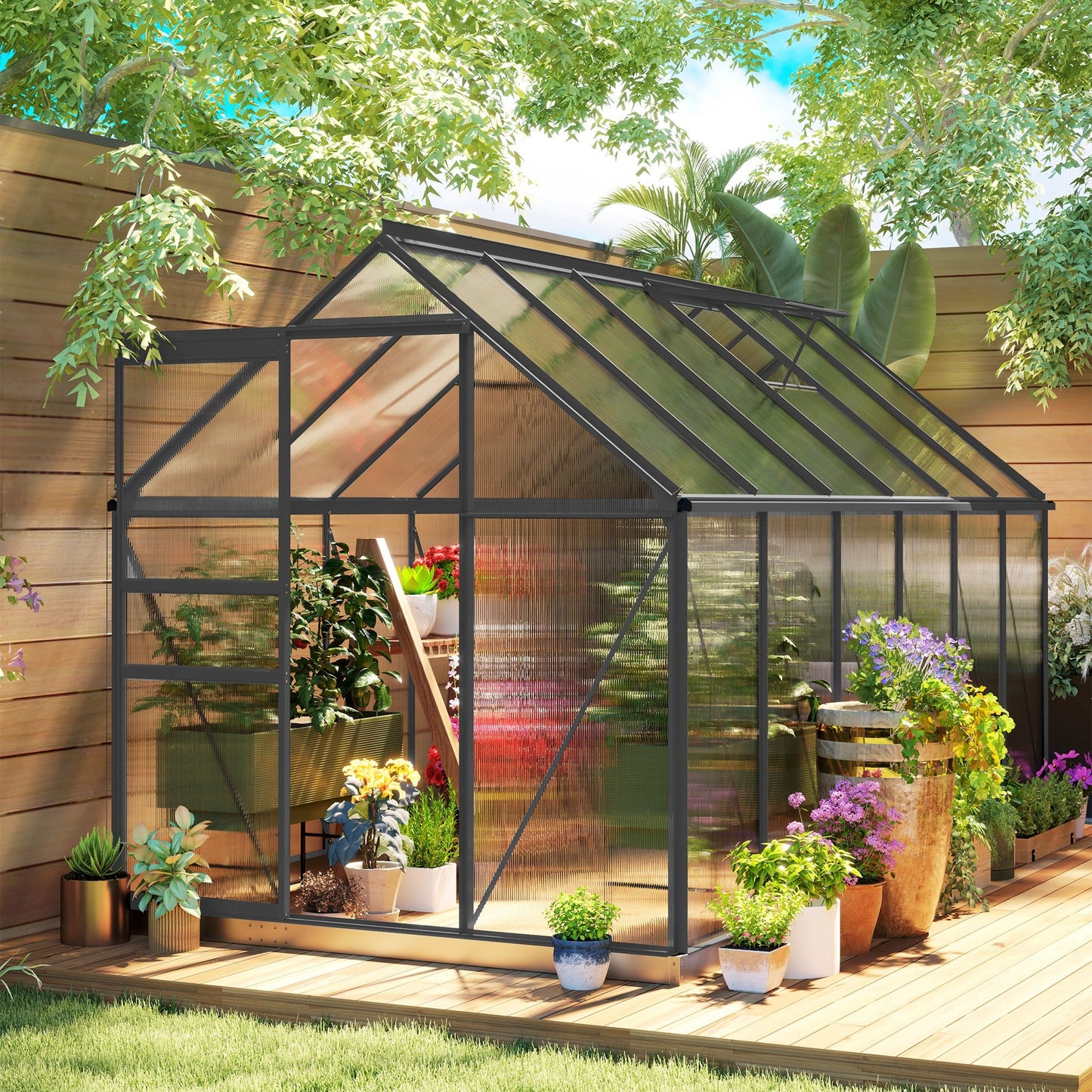 6' x 12' x 6.5' Polycarbonate Greenhouse, Walk-in Green House with Adjustable Roof Vent Galvanized Base Sliding Door Rain Gutter for Outdoor Garden Backyard, Charcoal Grey