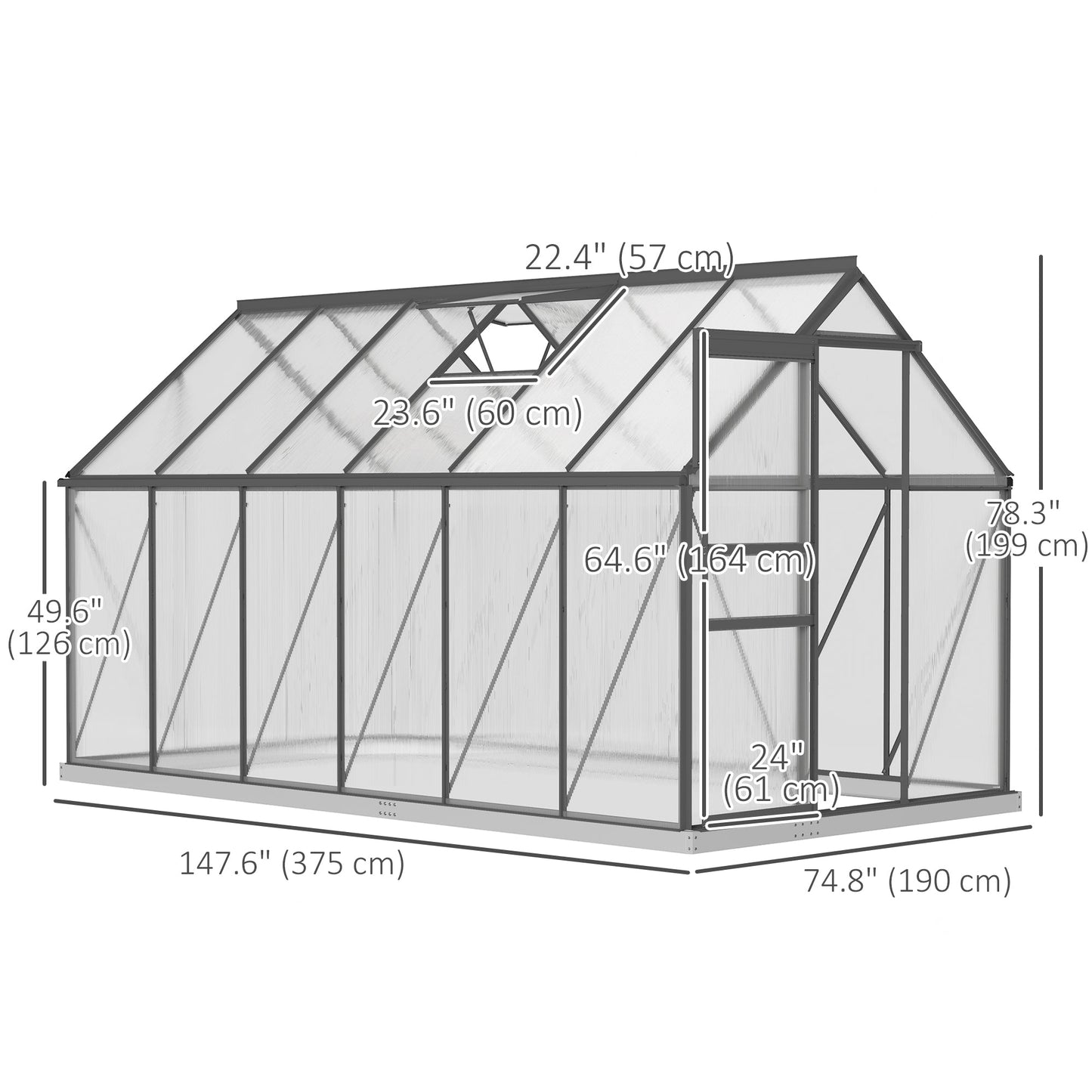 6' x 12' x 6.5' Polycarbonate Greenhouse, Walk-in Green House with Adjustable Roof Vent Galvanized Base Sliding Door Rain Gutter for Outdoor Garden Backyard, Charcoal Grey