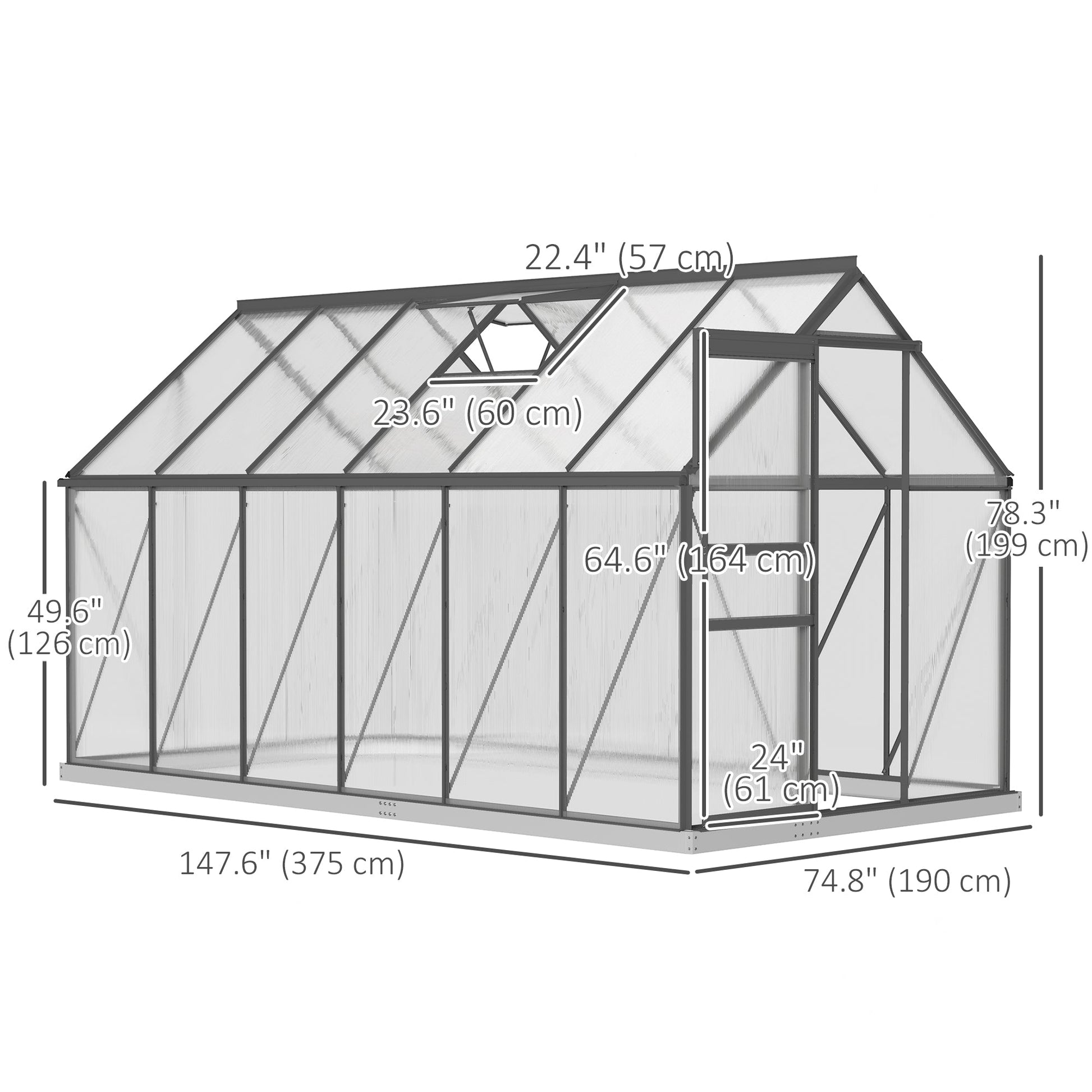 6' x 12' x 6.5' Polycarbonate Greenhouse, Walk-in Green House with Adjustable Roof Vent Galvanized Base Sliding Door Rain Gutter for Outdoor Garden Backyard, Charcoal Grey
