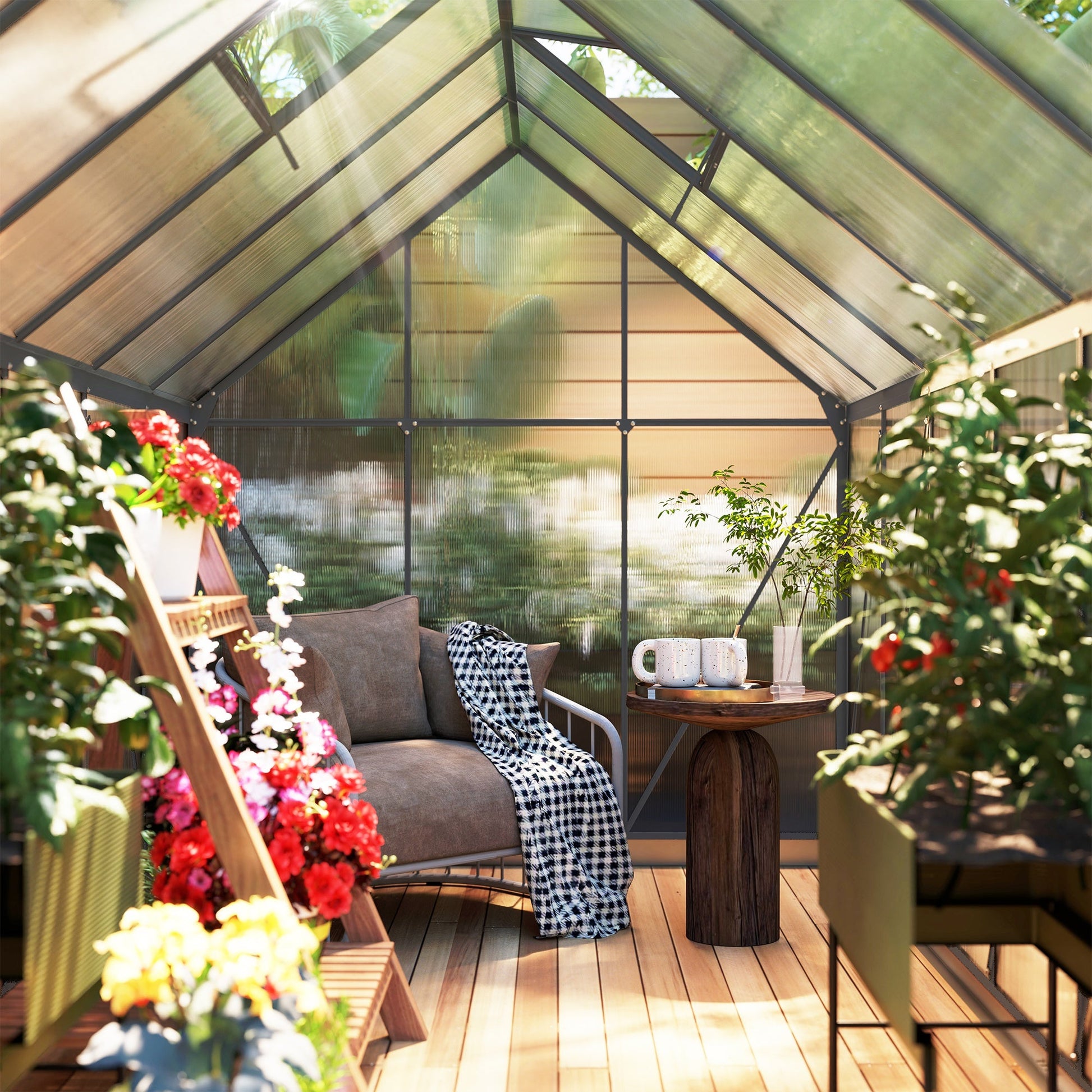 6' x 12' x 6.5' Polycarbonate Greenhouse, Walk-in Green House with Adjustable Roof Vent Galvanized Base Sliding Door Rain Gutter for Outdoor Garden Backyard, Charcoal Grey