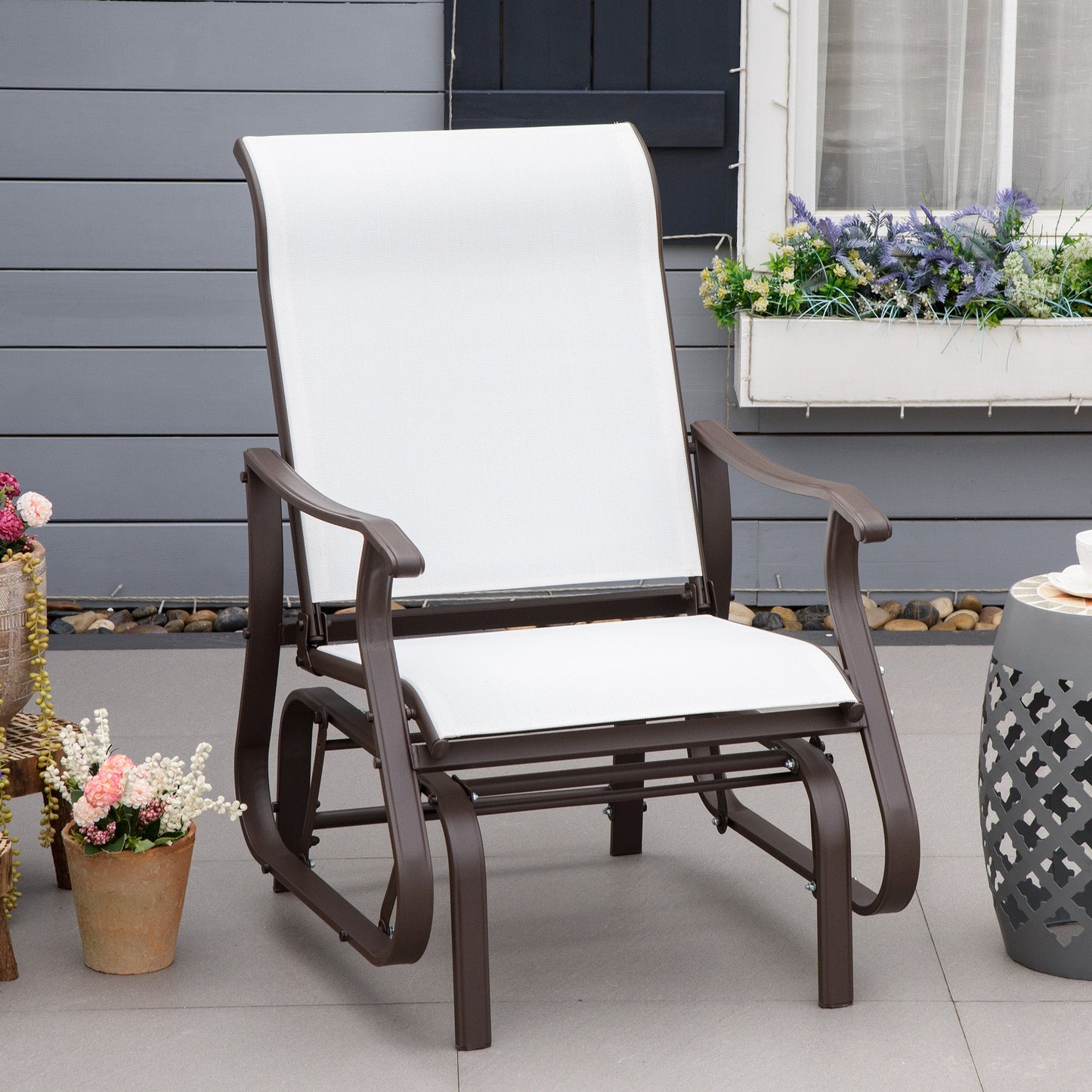 Outdoor Glider Chair, Patio Glider with Steel Frame and Mesh Fabric, Garden Chair for Backyard, Garden, and Porch, Cream White