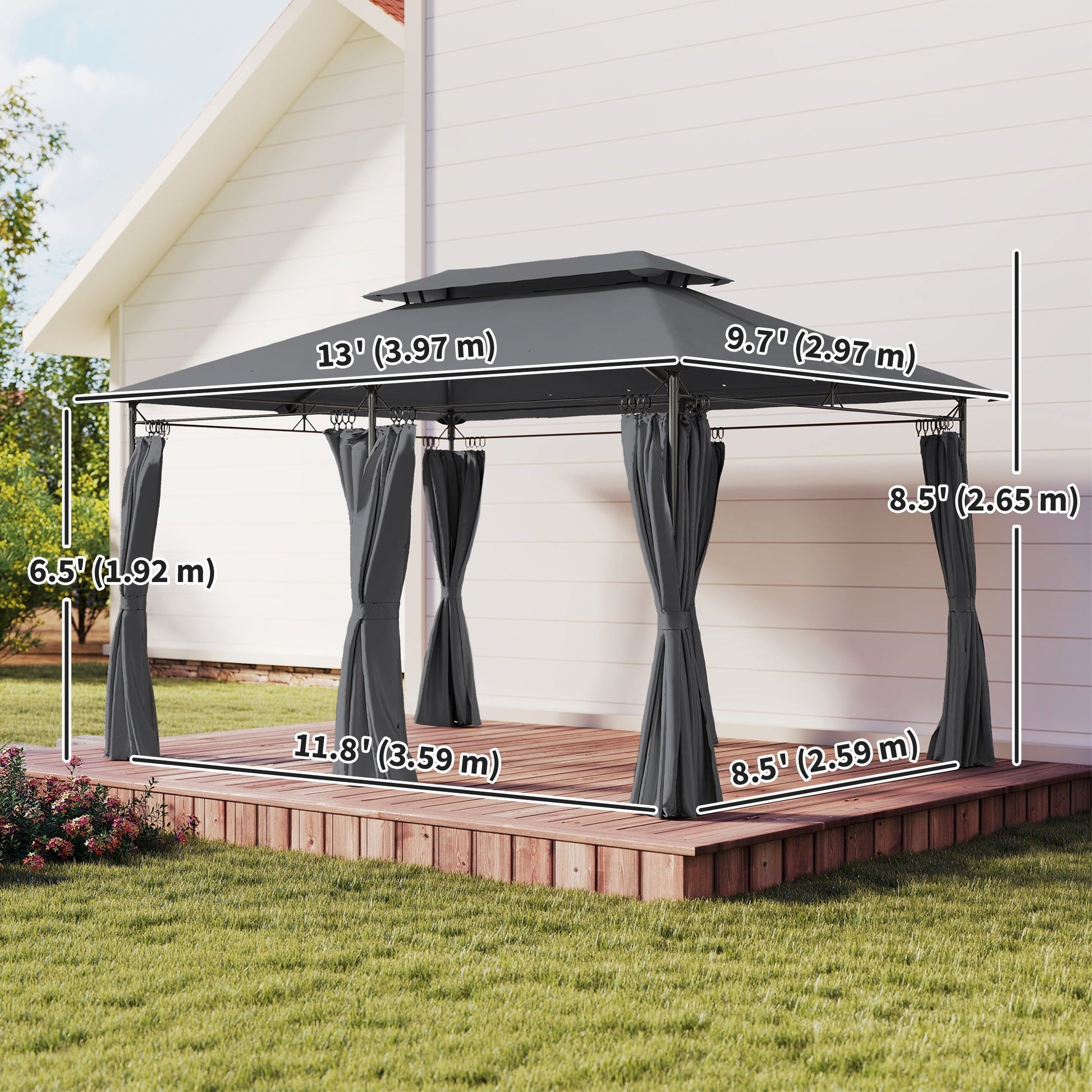  10' x 13' Patio Gazebo, Double Roof Outdoor Gazebo Canopy Shelter with Curtains, Solid Metal Frame for Garden, Lawn, Backyard and Deck, Grey