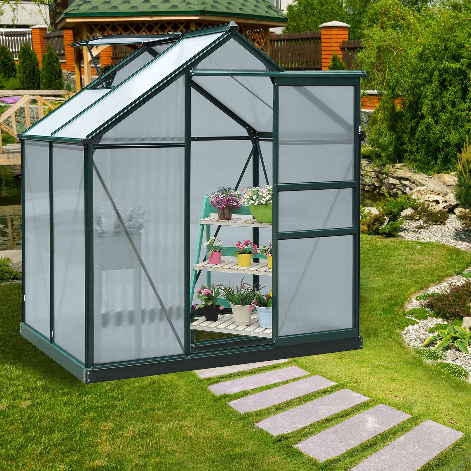 6' x 4' x 6.6' Polycarbonate Greenhouse, Walk-In Green House Kit Garden, Plants Grow, Galvanized Sheet Aluminum Frame with Rain Gutter, Vent and Sliding Door, Green