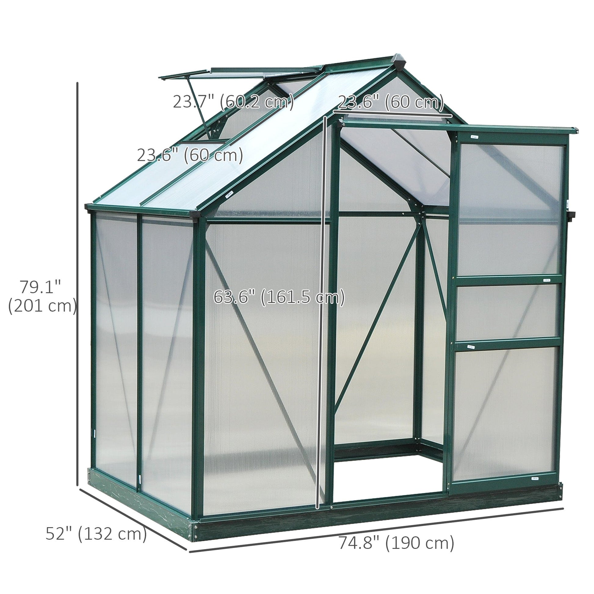 6' x 4' x 6.6' Polycarbonate Greenhouse, Walk-In Green House Kit Garden, Plants Grow, Galvanized Sheet Aluminum Frame with Rain Gutter, Vent and Sliding Door, Green