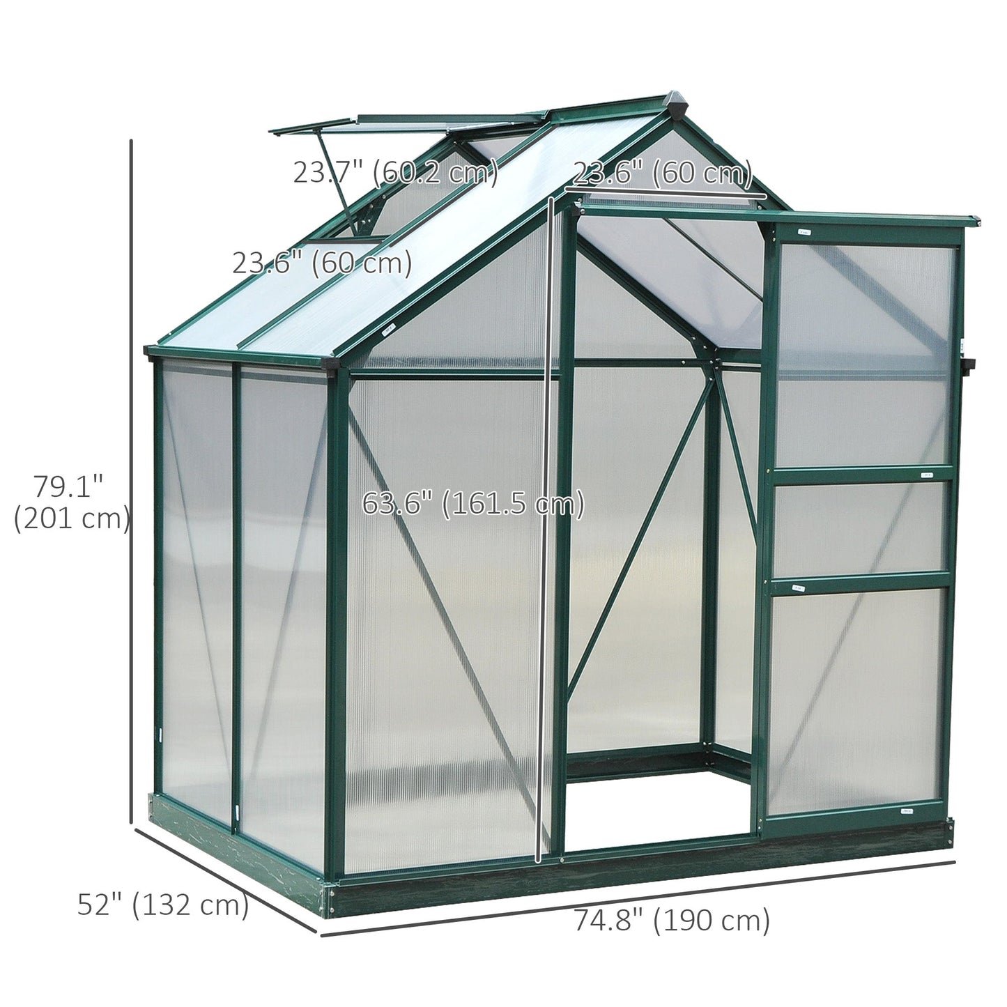 6' x 4' x 6.6' Polycarbonate Greenhouse, Walk-In Green House Kit Garden, Plants Grow, Galvanized Sheet Aluminum Frame with Rain Gutter, Vent and Sliding Door, Green
