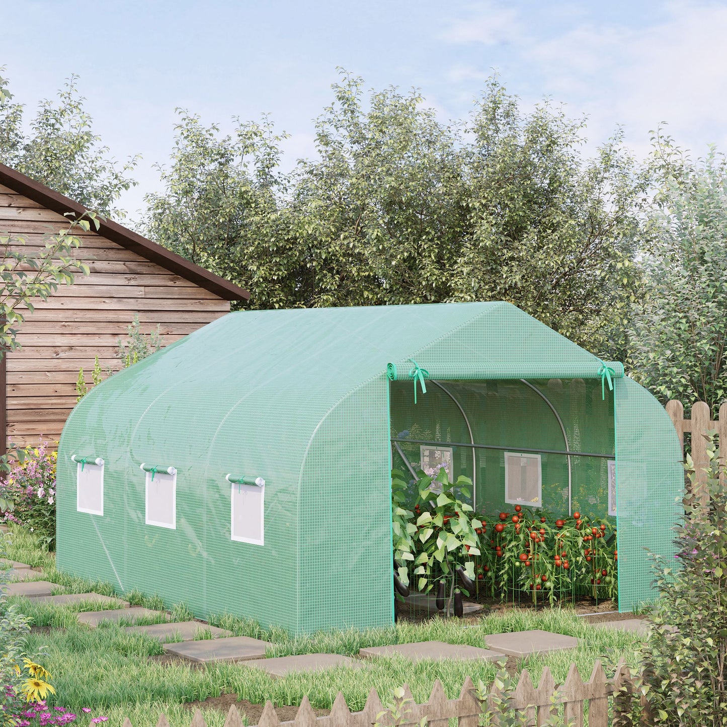 10' x 11' x 7' Walk-in Greenhouse Outdoor Plant Tunnel Warm Hot House w/ Roll Up Door and 6 Mesh Windows, Steel Frame, Green