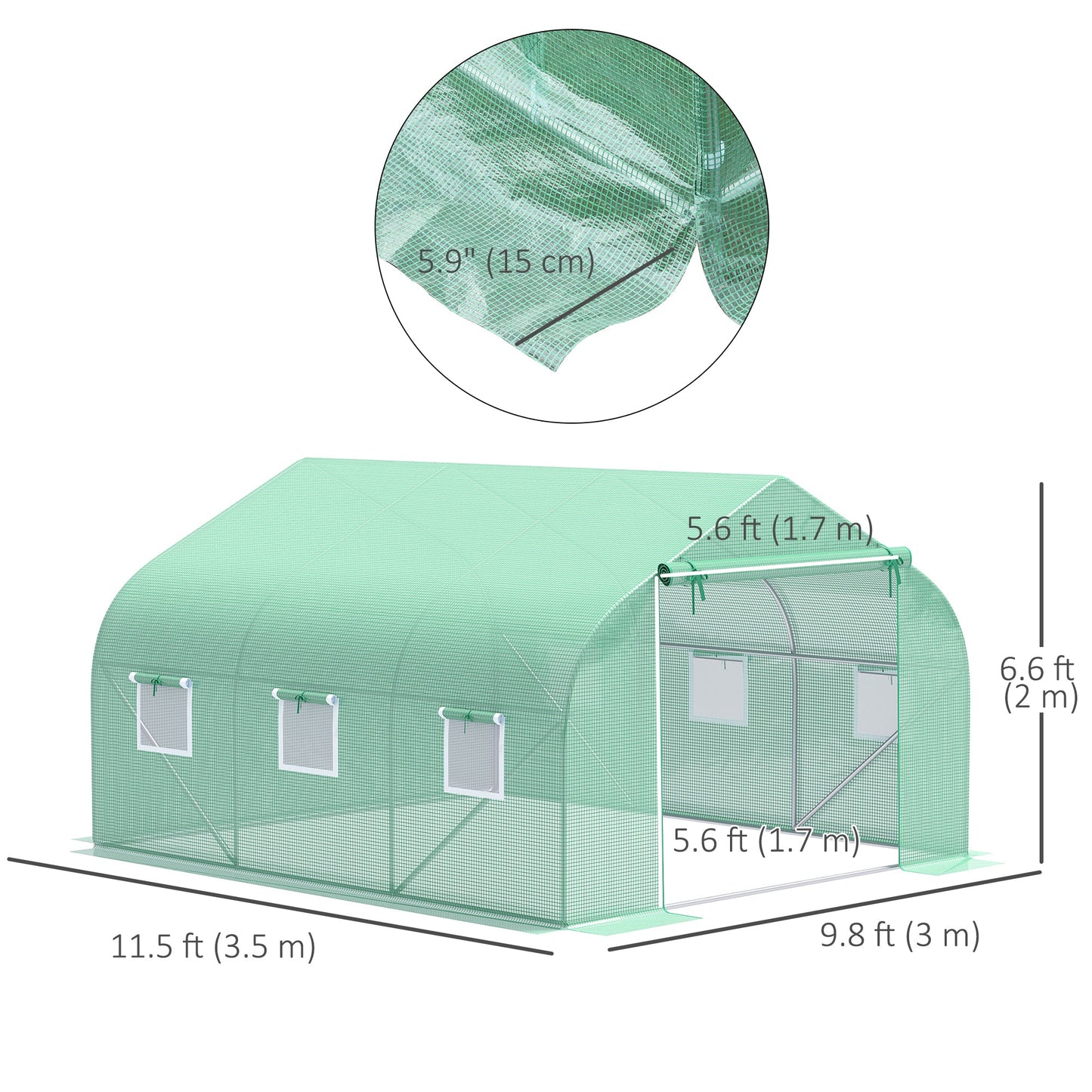 10' x 11' x 7' Walk-in Greenhouse Outdoor Plant Tunnel Warm Hot House w/ Roll Up Door and 6 Mesh Windows, Steel Frame, Green