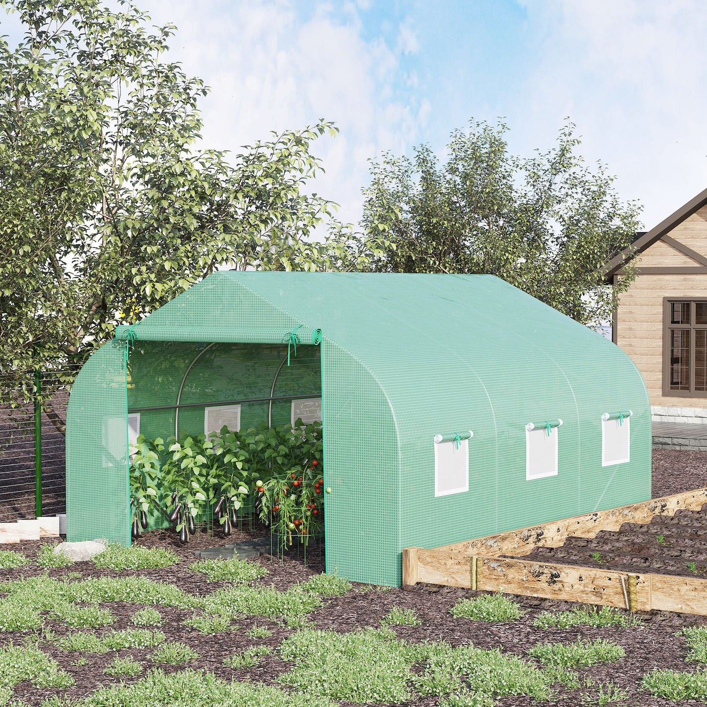 10' x 11' x 7' Walk-in Greenhouse Outdoor Plant Tunnel Warm Hot House w/ Roll Up Door and 6 Mesh Windows, Steel Frame, Green