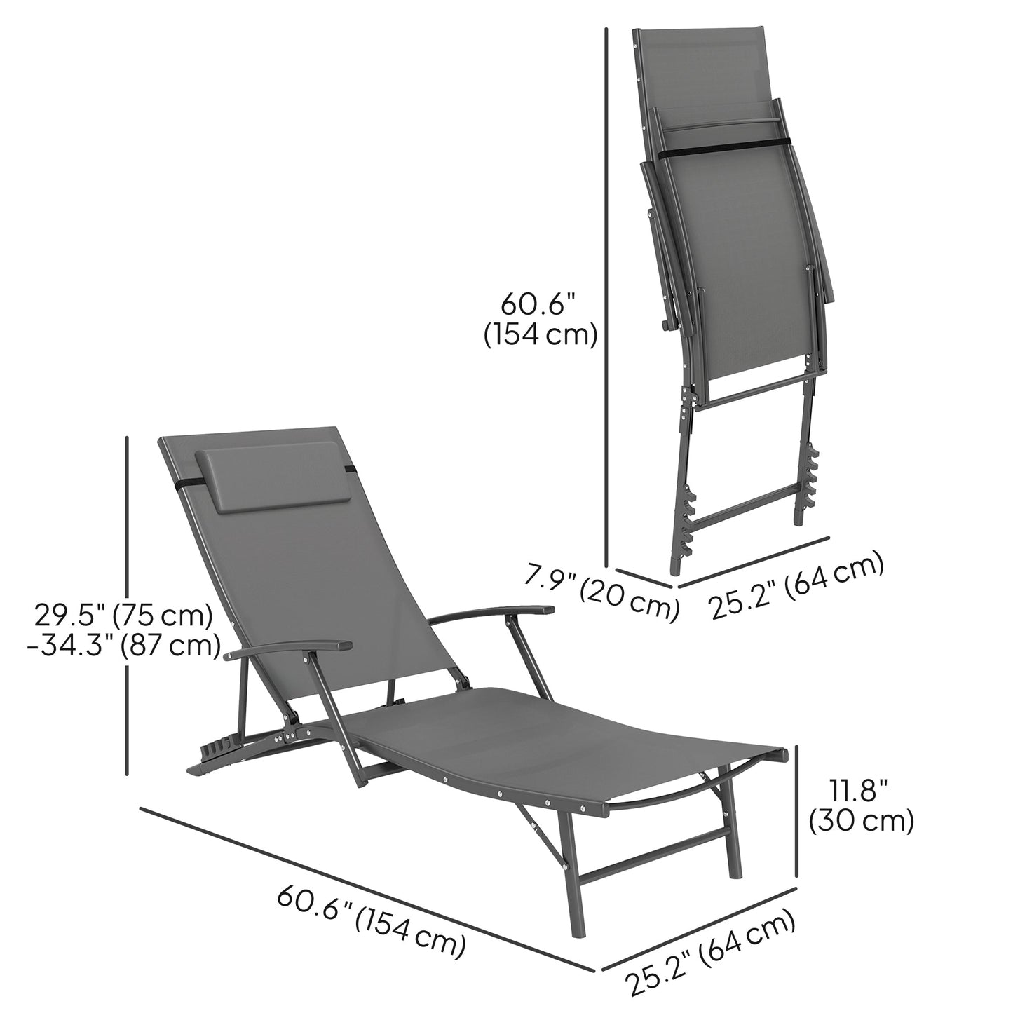Set of 2 Folding Lounge Chairs, Outdoor Chaise Tanning Chair with 4 Adjustable Backrest, Pillow, Steel Frame, Portable Sun Lounger for Patio, Garden, Beach, Grey