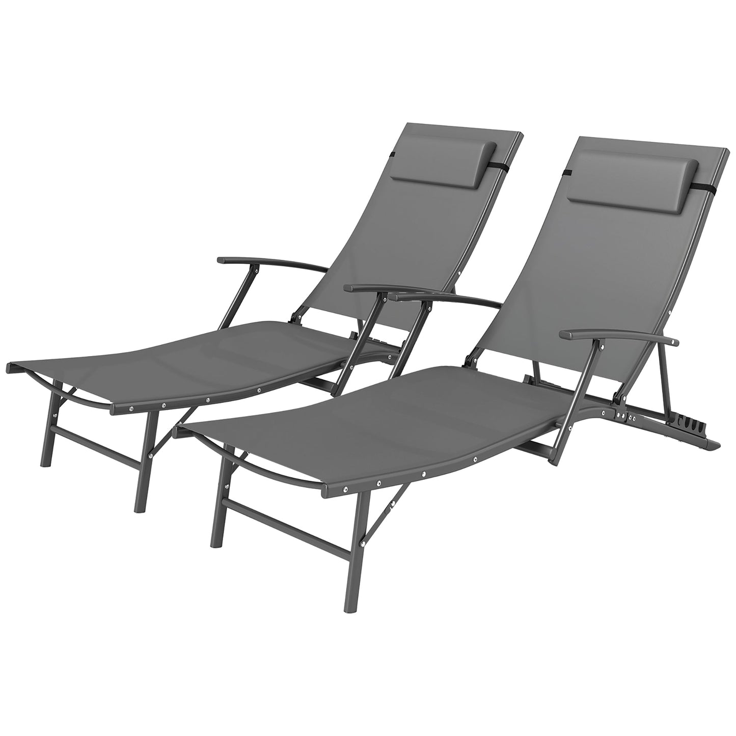 Set of 2 Folding Lounge Chairs, Outdoor Chaise Tanning Chair with 4 Adjustable Backrest, Pillow, Steel Frame, Portable Sun Lounger for Patio, Garden, Beach, Grey