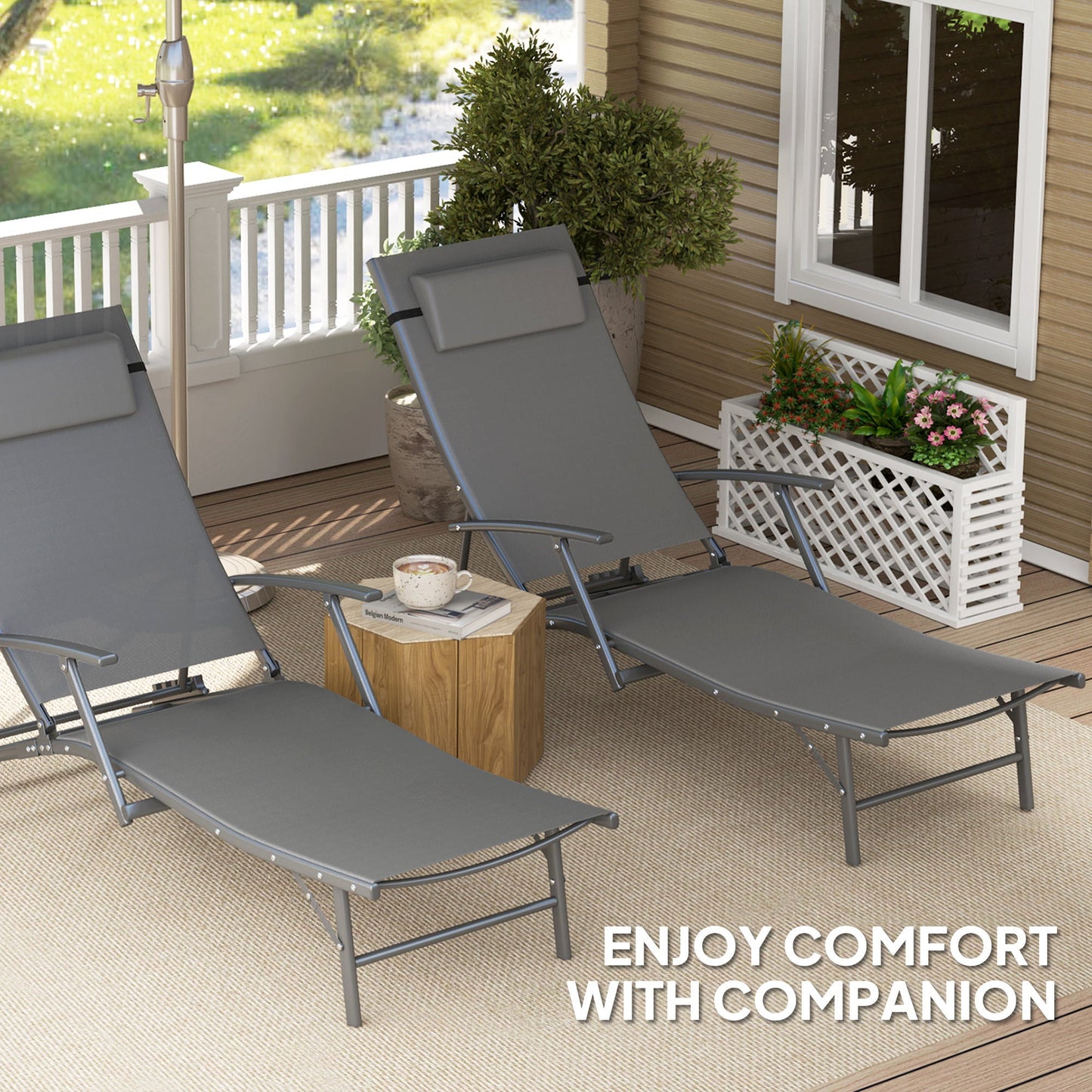 Set of 2 Folding Lounge Chairs, Outdoor Chaise Tanning Chair with 4 Adjustable Backrest, Pillow, Steel Frame, Portable Sun Lounger for Patio, Garden, Beach, Grey
