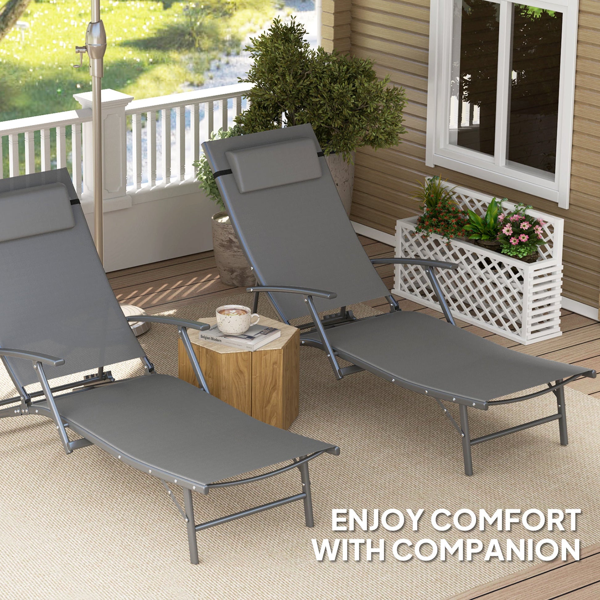 Set of 2 Folding Lounge Chairs, Outdoor Chaise Tanning Chair with 4 Adjustable Backrest, Pillow, Steel Frame, Portable Sun Lounger for Patio, Garden, Beach, Grey
