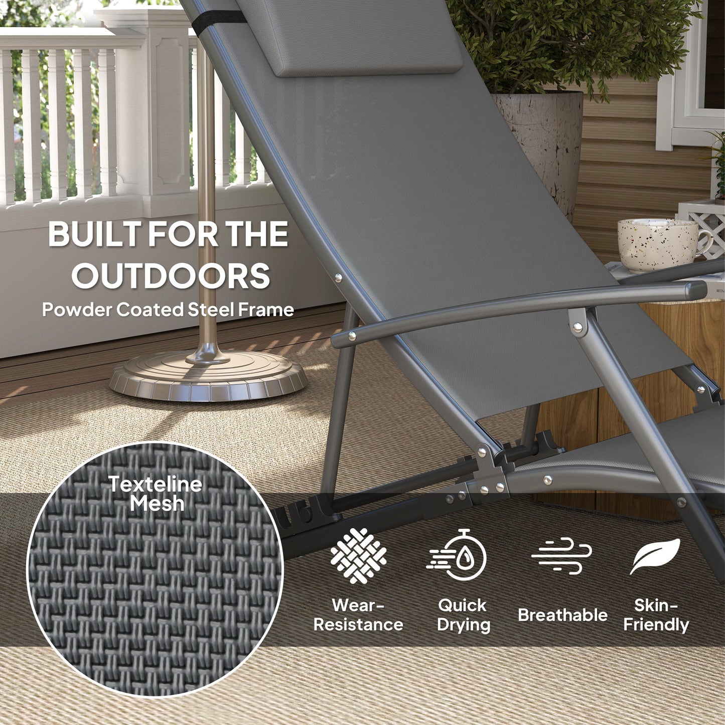 Set of 2 Folding Lounge Chairs, Outdoor Chaise Tanning Chair with 4 Adjustable Backrest, Pillow, Steel Frame, Portable Sun Lounger for Patio, Garden, Beach, Grey