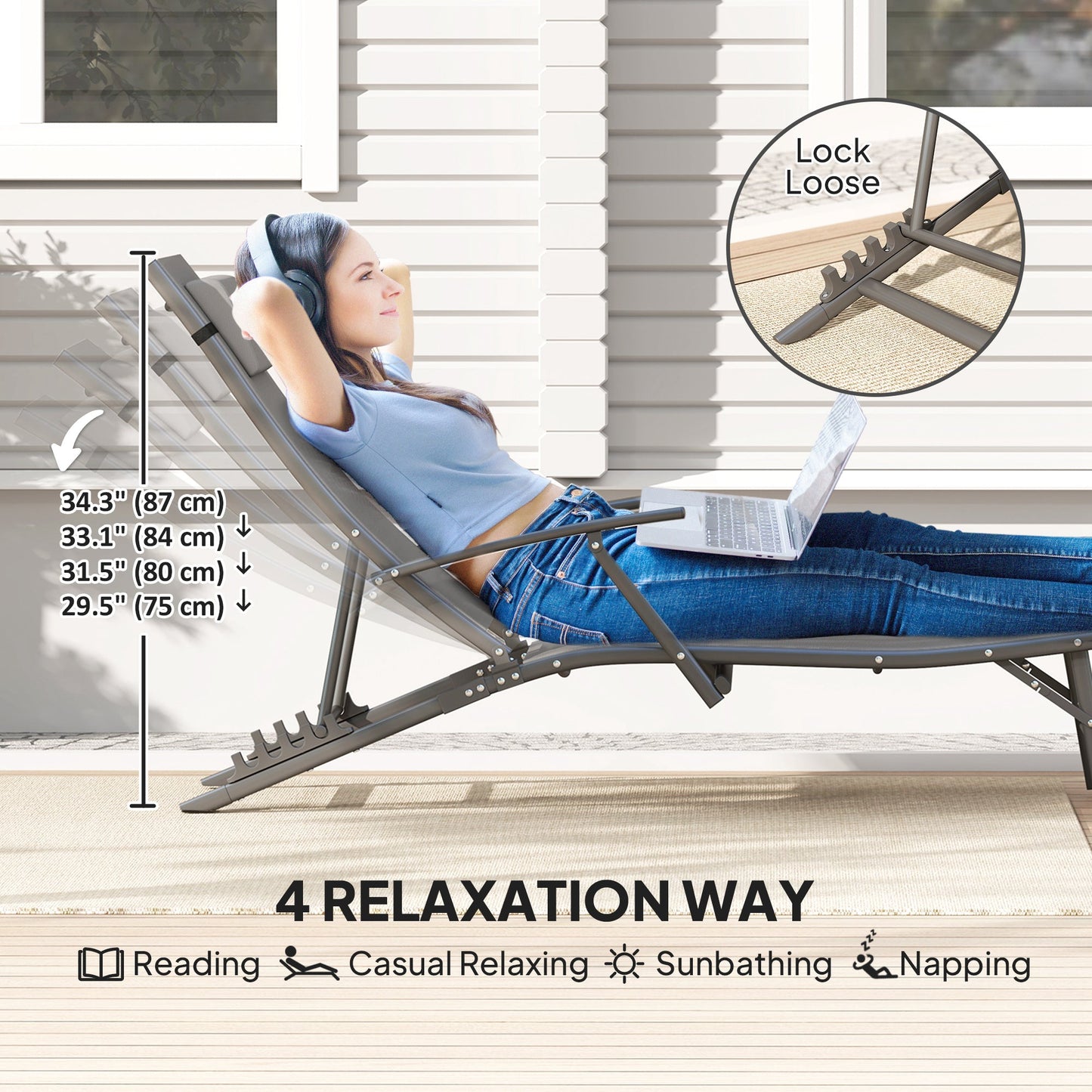 Set of 2 Folding Lounge Chairs, Outdoor Chaise Tanning Chair with 4 Adjustable Backrest, Pillow, Steel Frame, Portable Sun Lounger for Patio, Garden, Beach, Grey