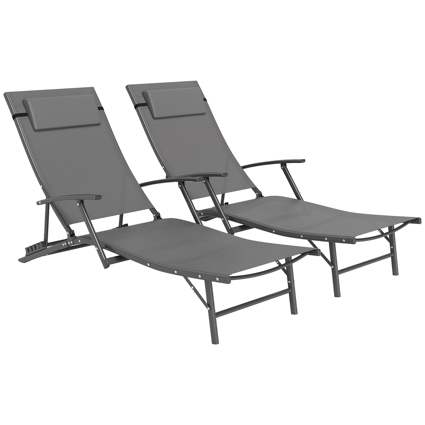Set of 2 Folding Lounge Chairs, Outdoor Chaise Tanning Chair with 4 Adjustable Backrest, Pillow, Steel Frame, Portable Sun Lounger for Patio, Garden, Beach, Grey