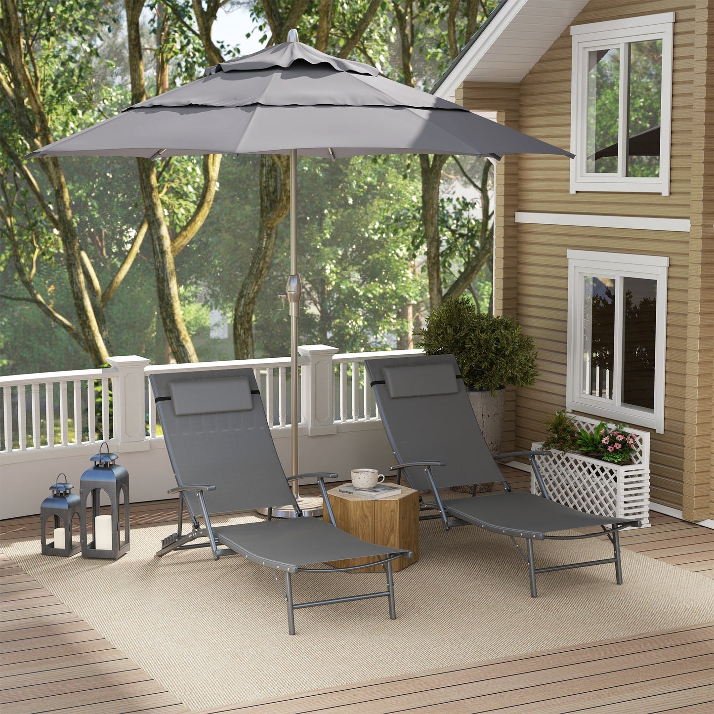 Set of 2 Folding Lounge Chairs, Outdoor Chaise Tanning Chair with 4 Adjustable Backrest, Pillow, Steel Frame, Portable Sun Lounger for Patio, Garden, Beach, Grey