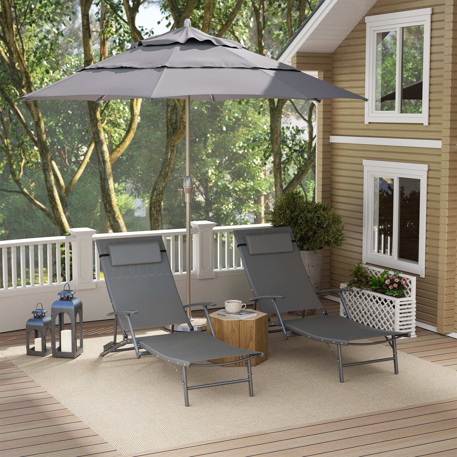 Set of 2 Folding Lounge Chairs, Outdoor Chaise Tanning Chair with 4 Adjustable Backrest, Pillow, Steel Frame, Portable Sun Lounger for Patio, Garden, Beach, Grey
