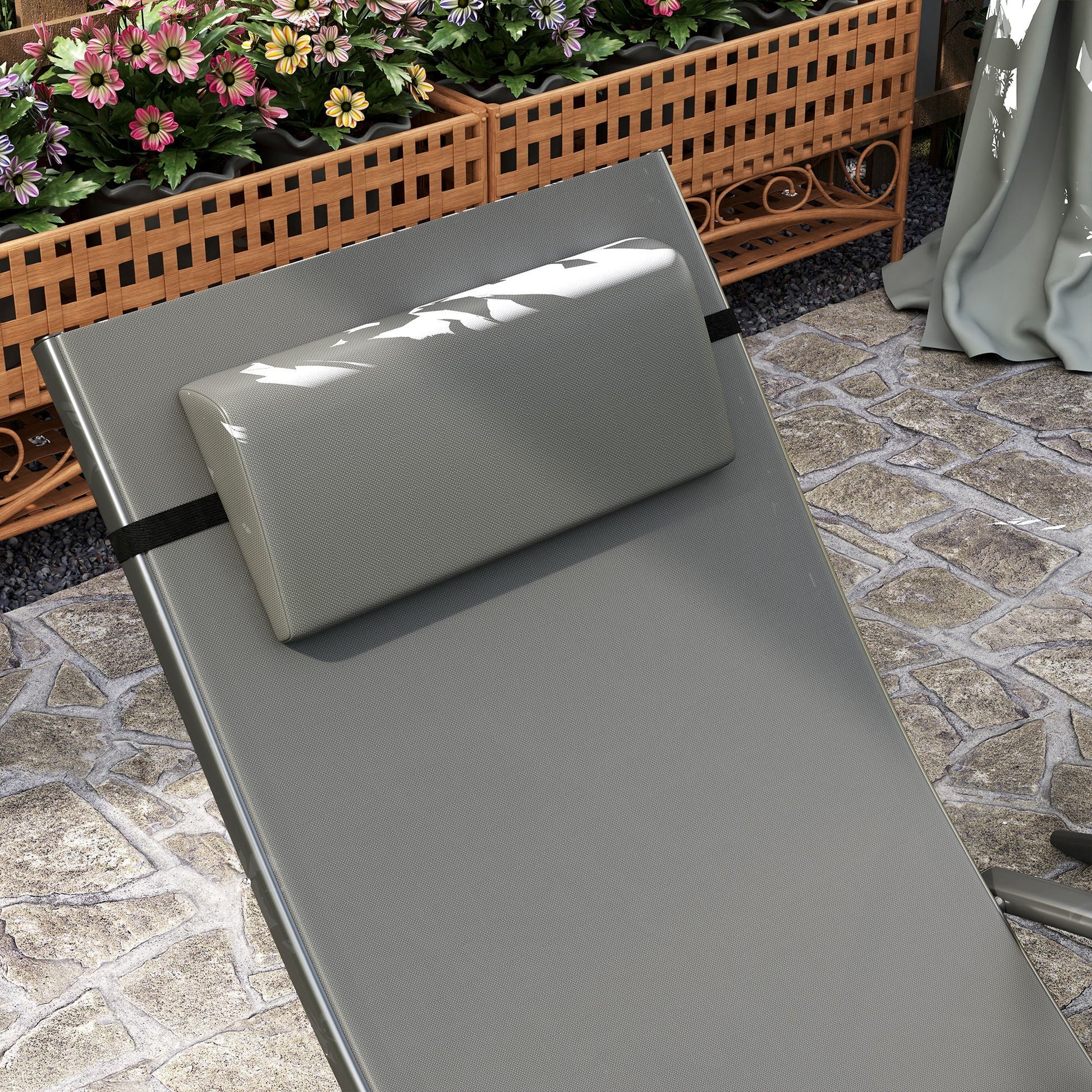 Set of 2 Folding Lounge Chairs, Outdoor Chaise Tanning Chair with 4 Adjustable Backrest, Pillow, Steel Frame, Portable Sun Lounger for Patio, Garden, Beach, Grey