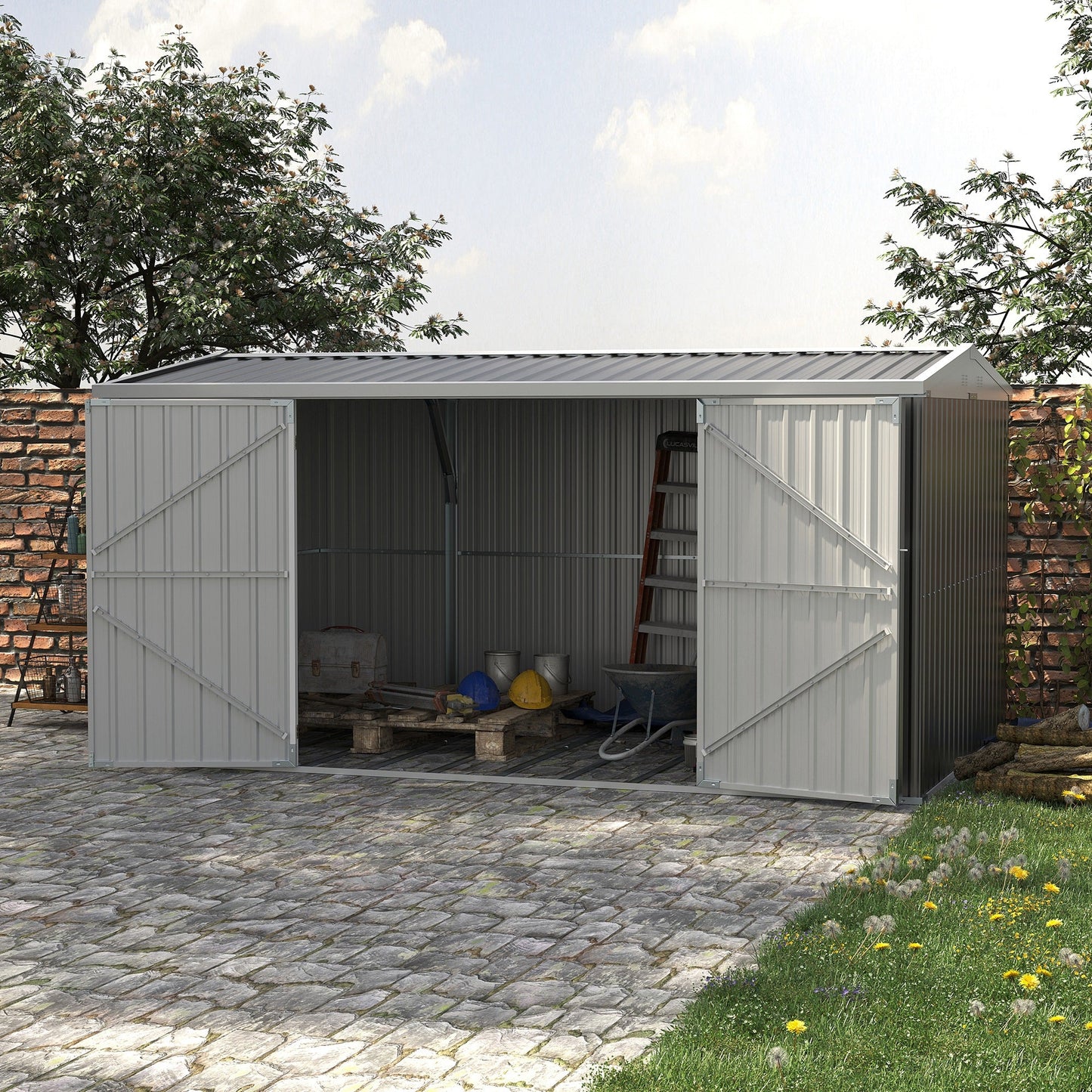 14' x 8' Outdoor Storage Shed, Galvanized Steel Garden Shed with Lockable Doors, Air Vents and Gloves, Waterproof Tool Shed for Backyard, Patio and Lawn, Grey