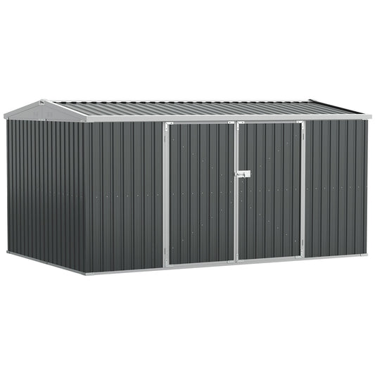 14' x 8' Outdoor Storage Shed, Galvanized Steel Garden Shed with Lockable Doors, Air Vents and Gloves, Waterproof Tool Shed for Backyard, Patio and Lawn, Grey
