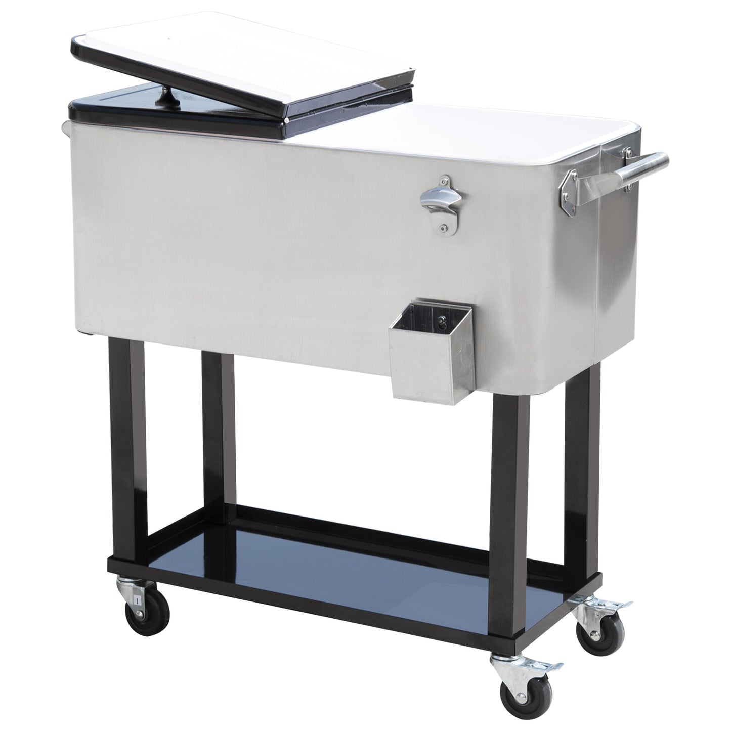80 Quart Rolling Cooler Cart Portable Patio Ice Beer Beverage Cooling Bin for Outdoor Party w/ Bottle Opener & Storage Shelf Silver
