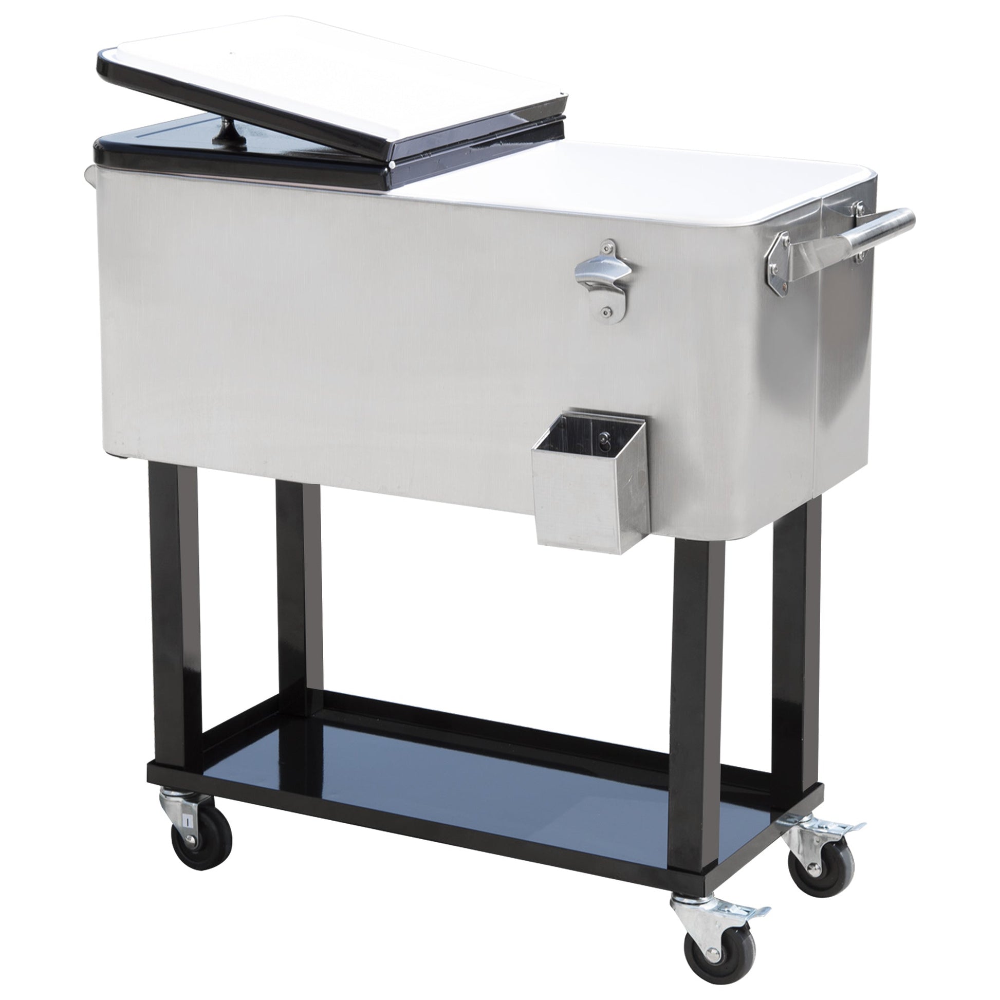 80 Quart Rolling Cooler Cart Portable Patio Ice Beer Beverage Cooling Bin for Outdoor Party w/ Bottle Opener & Storage Shelf Silver