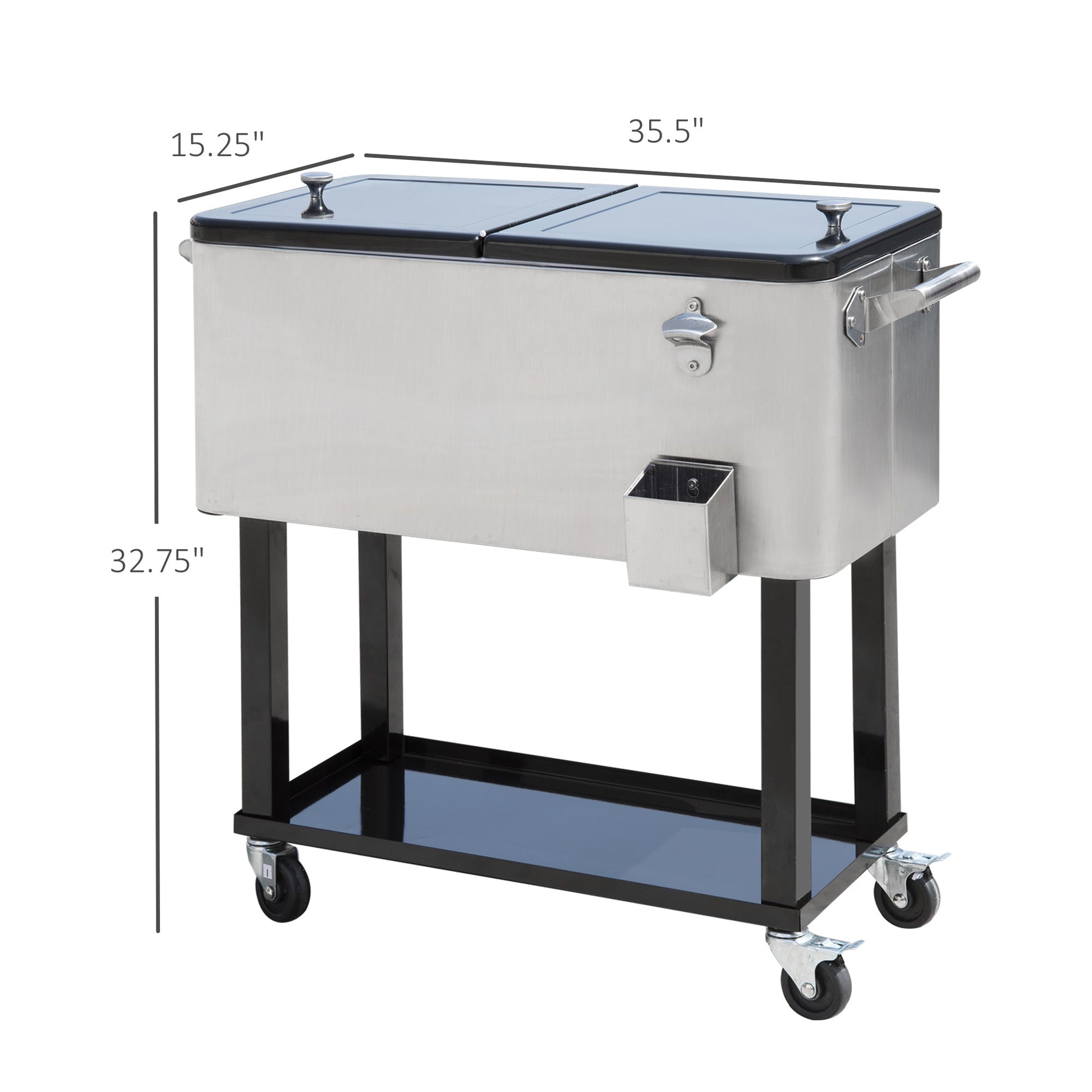 80 Quart Rolling Cooler Cart Portable Patio Ice Beer Beverage Cooling Bin for Outdoor Party w/ Bottle Opener & Storage Shelf Silver