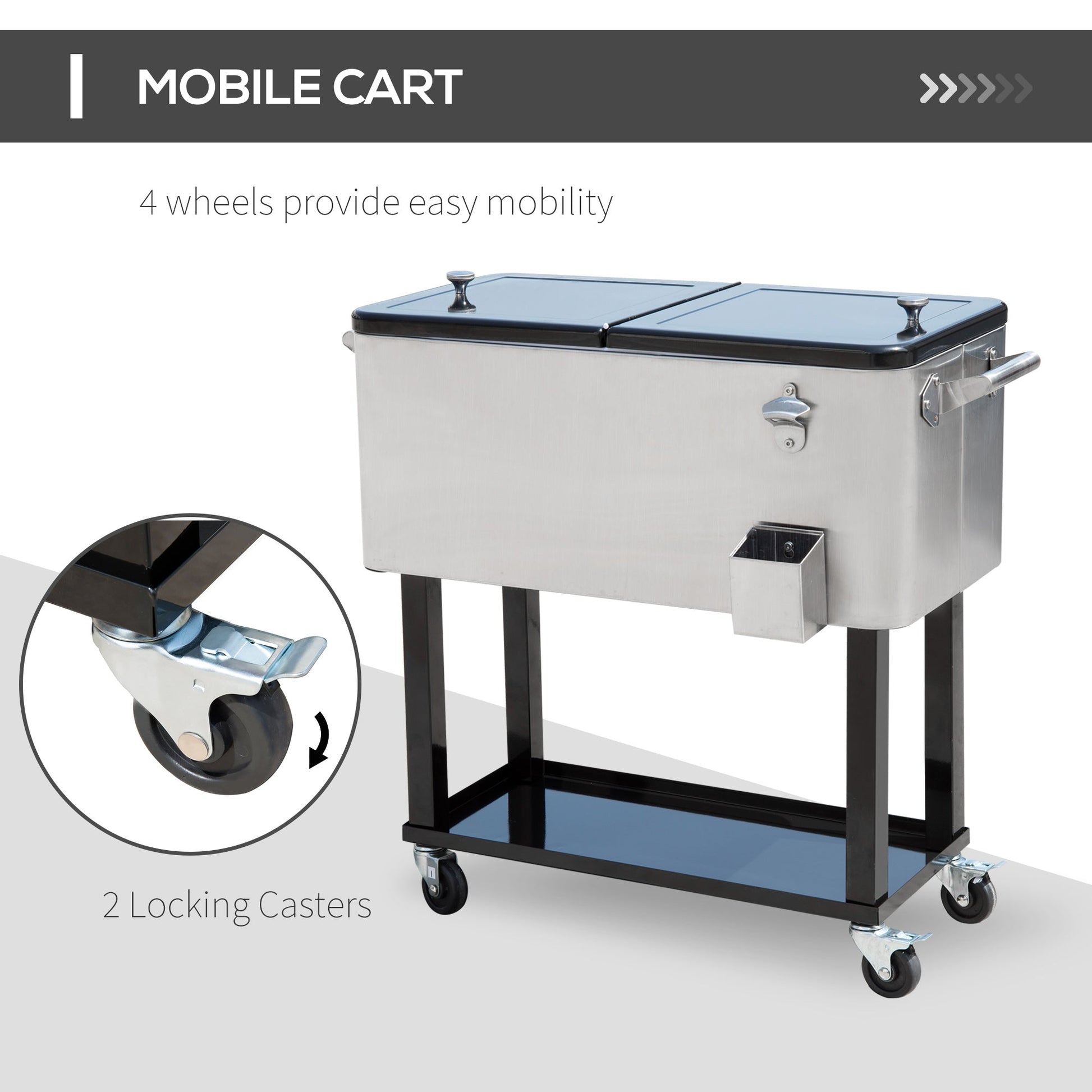 80 Quart Rolling Cooler Cart Portable Patio Ice Beer Beverage Cooling Bin for Outdoor Party w/ Bottle Opener & Storage Shelf Silver