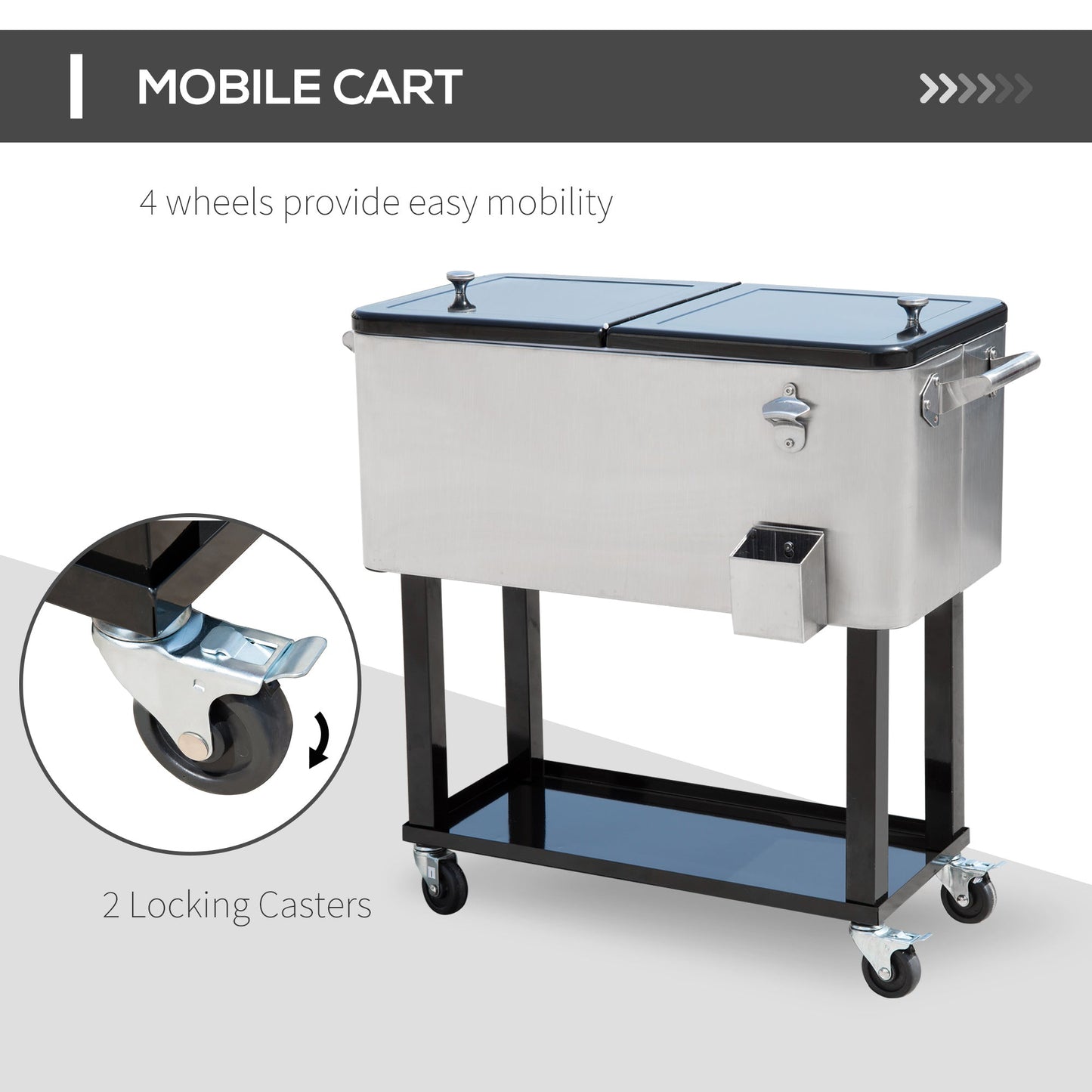 80 Quart Rolling Cooler Cart Portable Patio Ice Beer Beverage Cooling Bin for Outdoor Party w/ Bottle Opener & Storage Shelf Silver