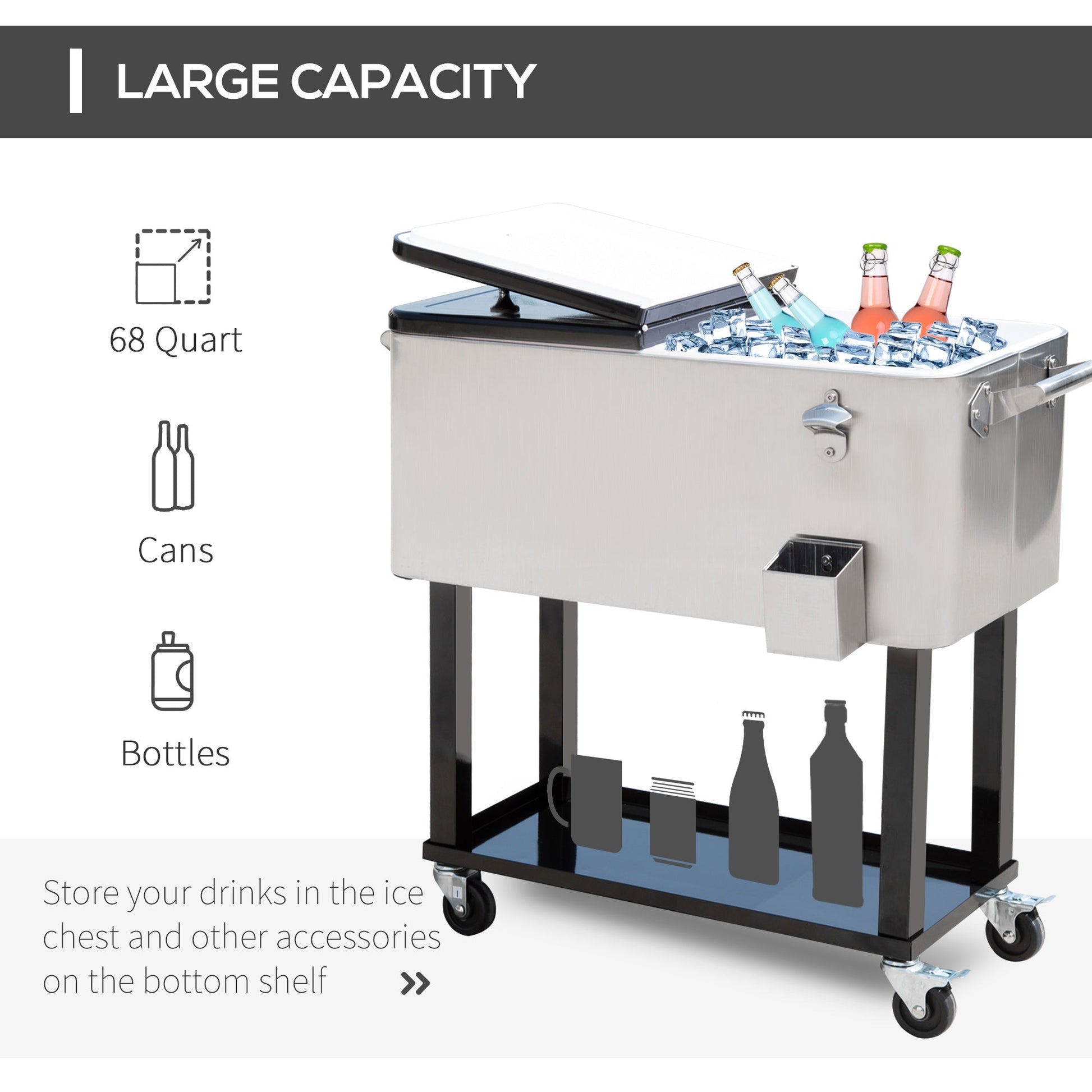 80 Quart Rolling Cooler Cart Portable Patio Ice Beer Beverage Cooling Bin for Outdoor Party w/ Bottle Opener & Storage Shelf Silver