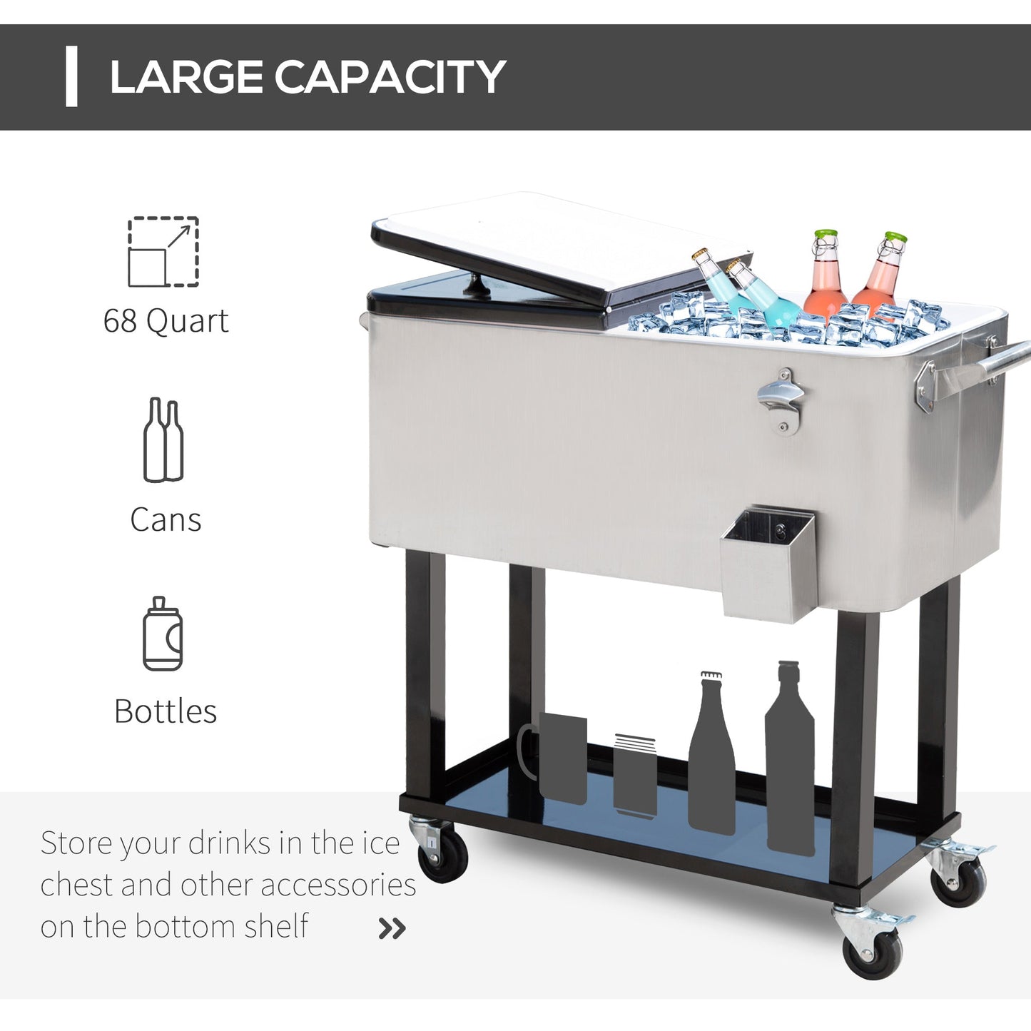 80 Quart Rolling Cooler Cart Portable Patio Ice Beer Beverage Cooling Bin for Outdoor Party w/ Bottle Opener & Storage Shelf Silver