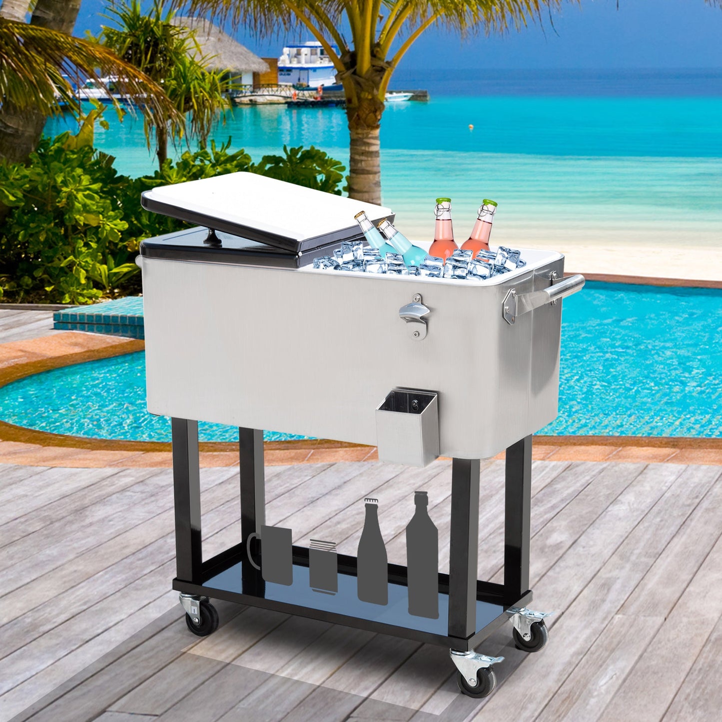 80 Quart Rolling Cooler Cart Portable Patio Ice Beer Beverage Cooling Bin for Outdoor Party w/ Bottle Opener & Storage Shelf Silver