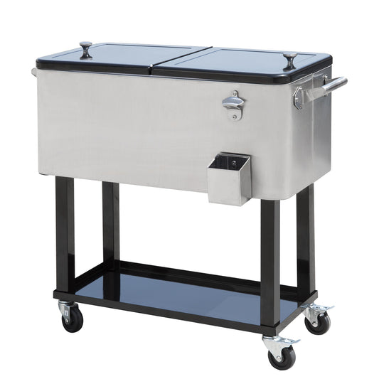 80 Quart Rolling Cooler Cart Portable Patio Ice Beer Beverage Cooling Bin for Outdoor Party w/ Bottle Opener & Storage Shelf Silver