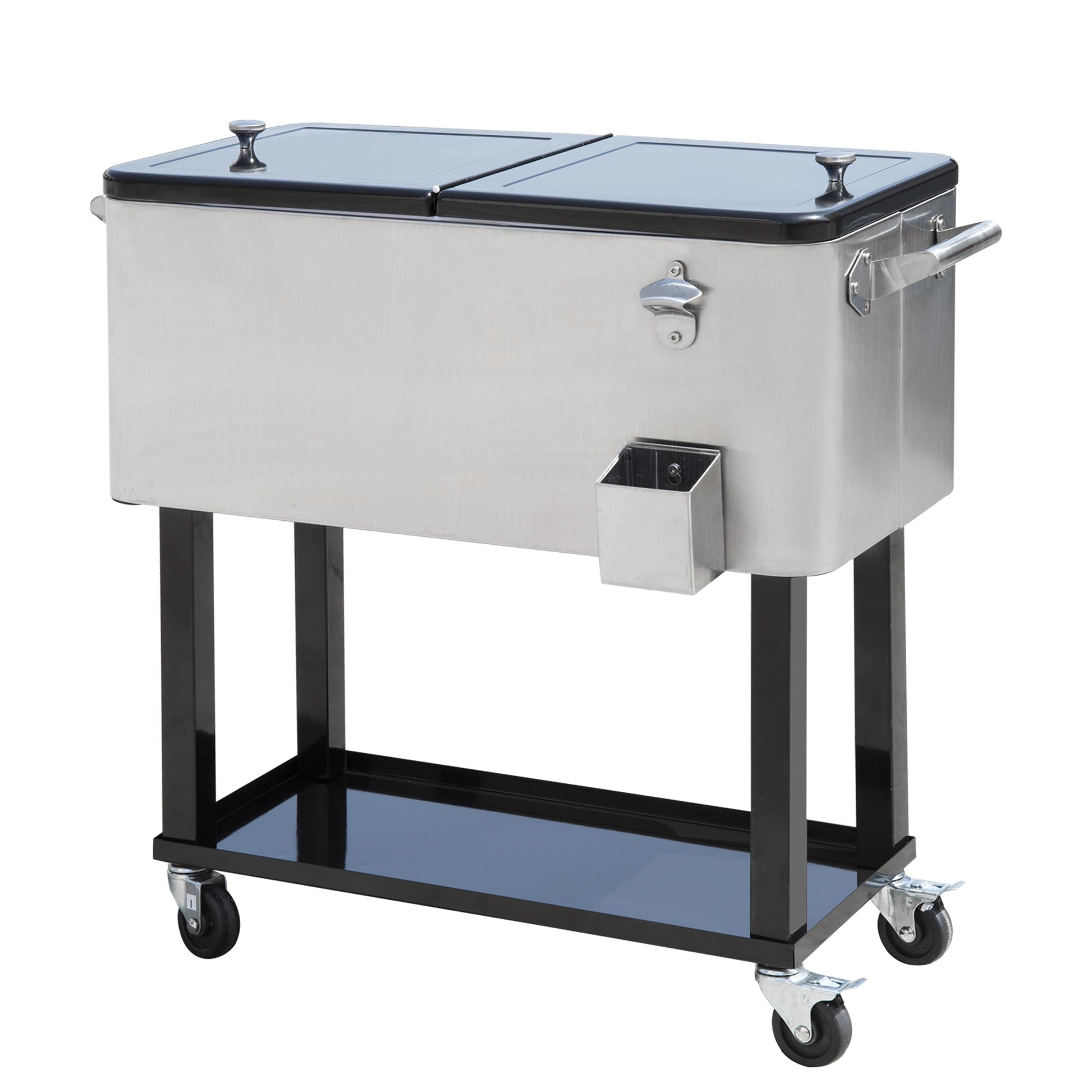 80 Quart Rolling Cooler Cart Portable Patio Ice Beer Beverage Cooling Bin for Outdoor Party w/ Bottle Opener & Storage Shelf Silver