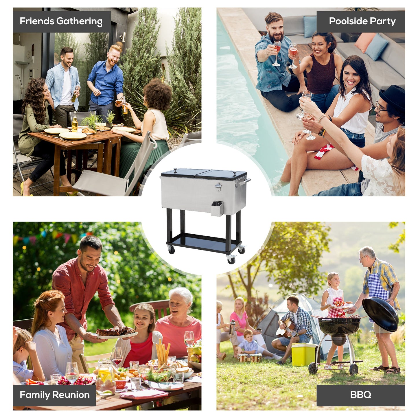 80 Quart Rolling Cooler Cart Portable Patio Ice Beer Beverage Cooling Bin for Outdoor Party w/ Bottle Opener & Storage Shelf Silver