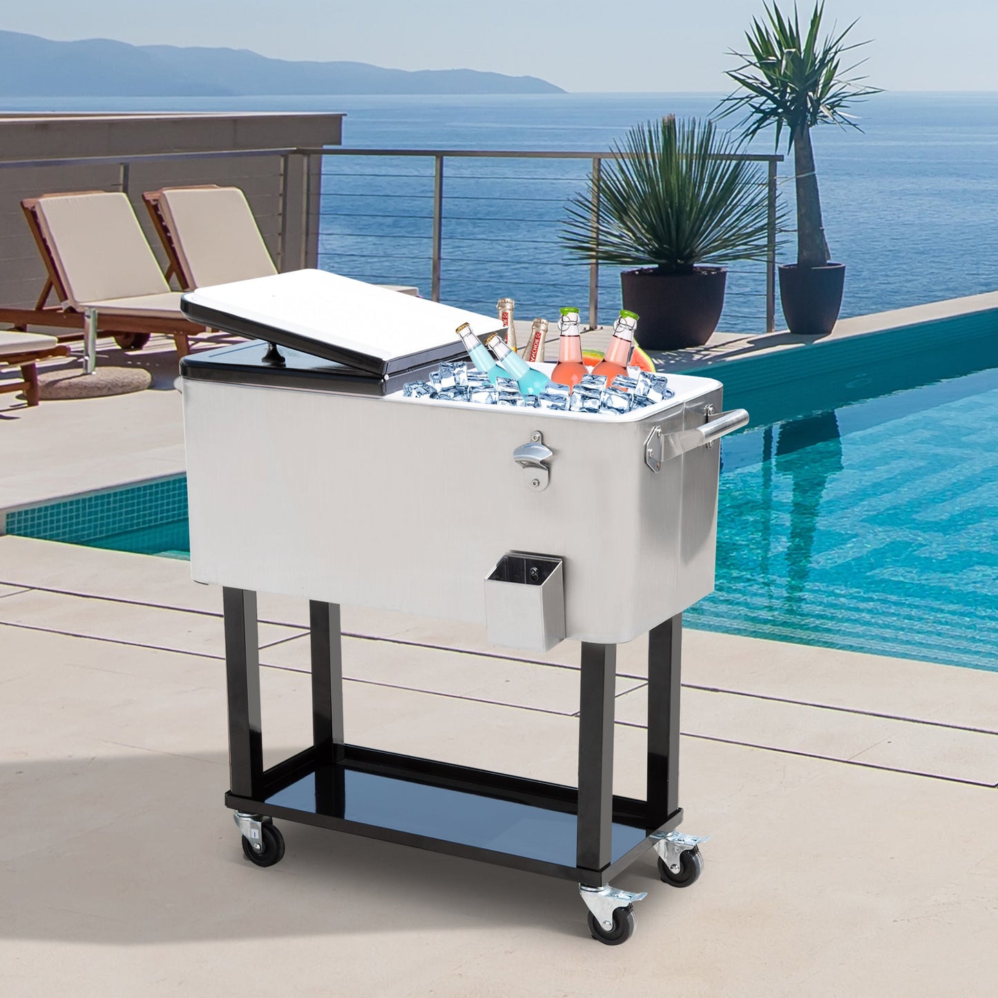 80 Quart Rolling Cooler Cart Portable Patio Ice Beer Beverage Cooling Bin for Outdoor Party w/ Bottle Opener & Storage Shelf Silver