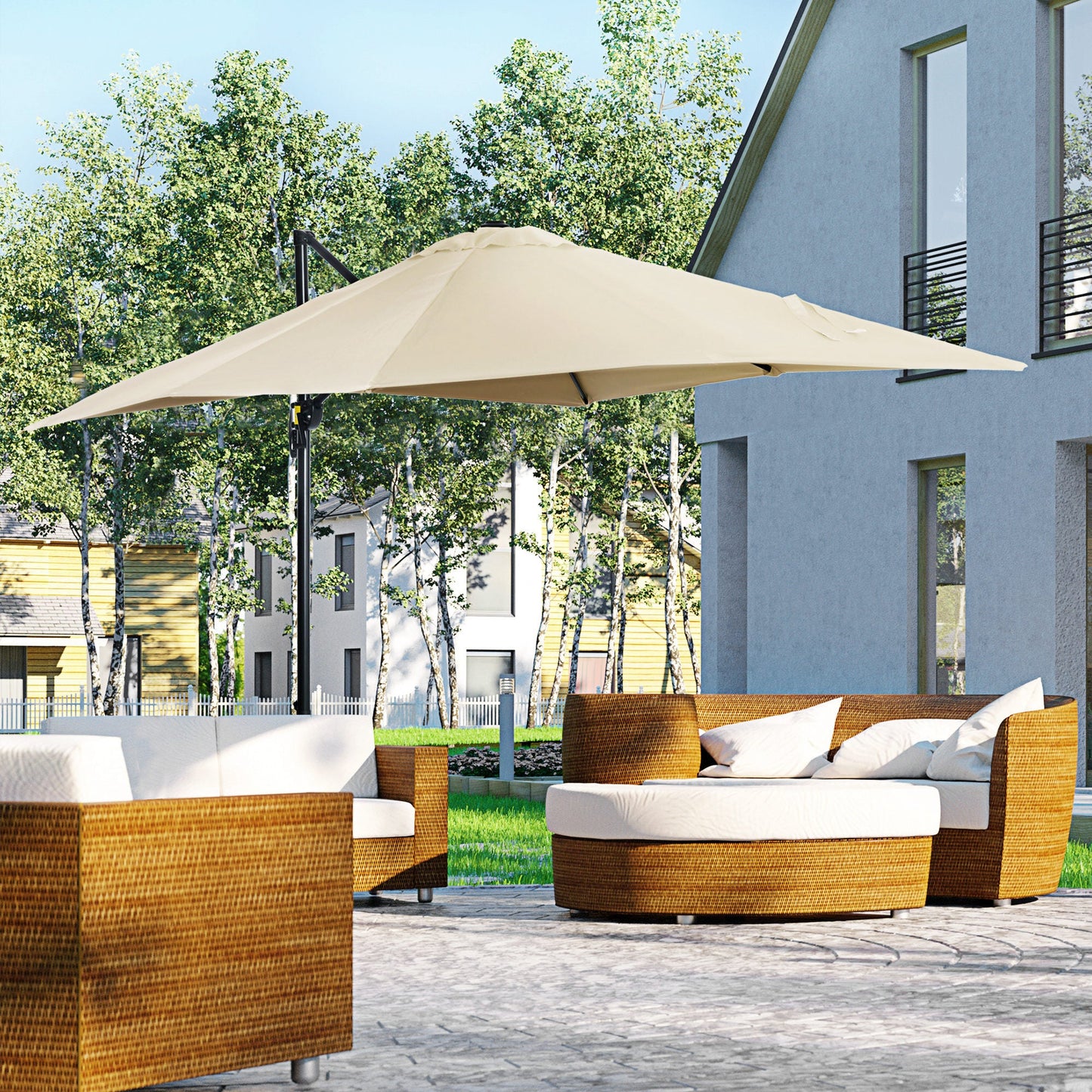 8' x 8' Square Patio Hanging Offset Umbrella with 360° Rotation, Aluminum Outdoor Cantilever Parasol with Crank & Tilt, Sun Canopy Shelter with Cross Base, White