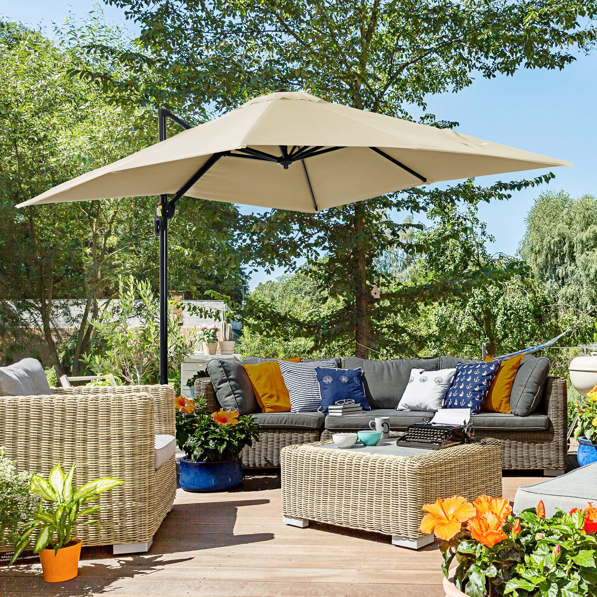 8' x 8' Square Patio Hanging Offset Umbrella with 360° Rotation, Aluminum Outdoor Cantilever Parasol with Crank & Tilt, Sun Canopy Shelter with Cross Base, White
