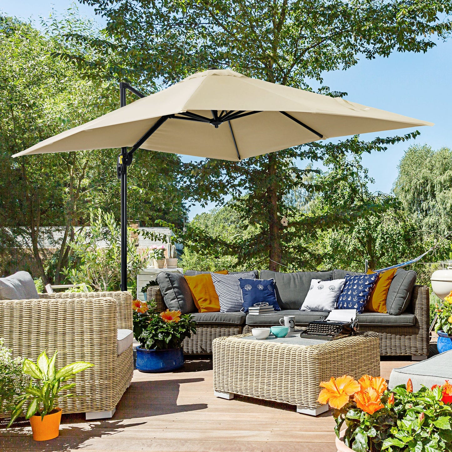 8' x 8' Square Patio Hanging Offset Umbrella with 360° Rotation, Aluminum Outdoor Cantilever Parasol with Crank & Tilt, Sun Canopy Shelter with Cross Base, White