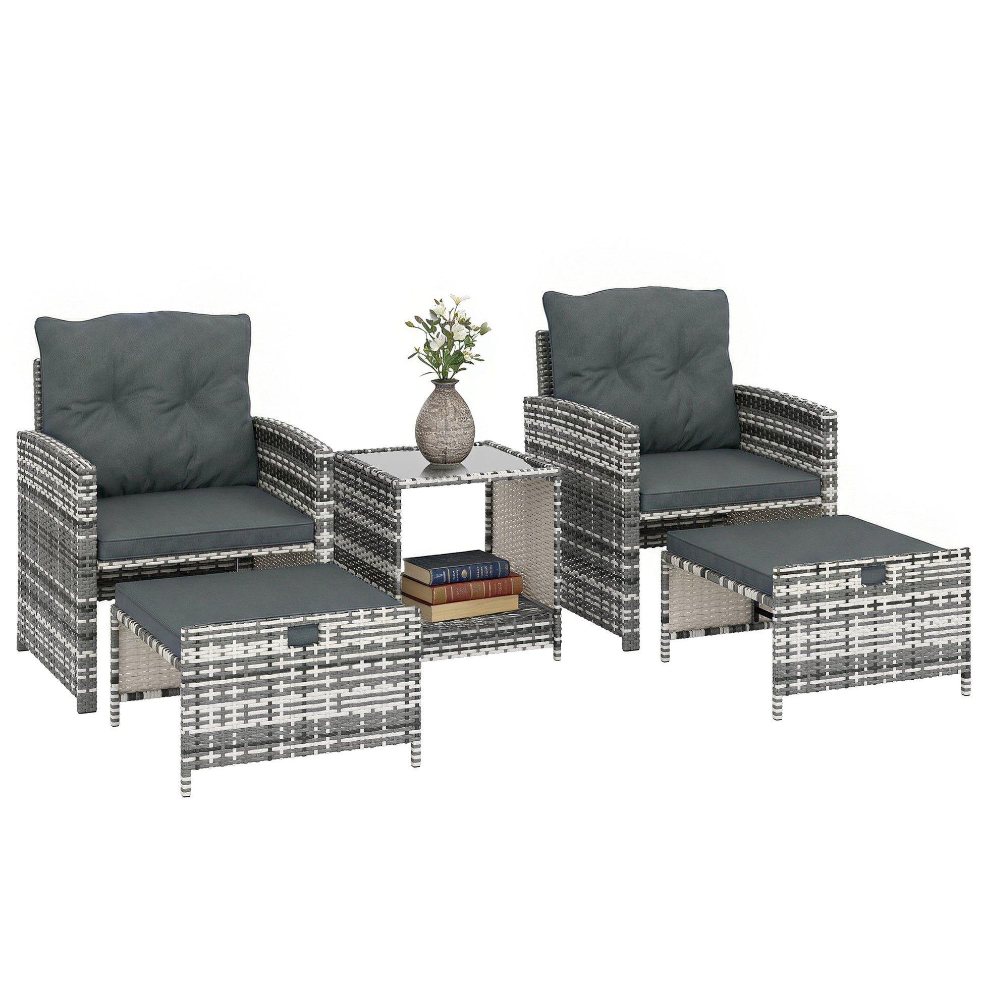 5 Piece Patio Furniture Set, Wicker Patio Chairs with Ottomans, 2-Tier Glass Coffee Table, Cushions, Outdoor Patio Furniture Conversation Set for Balcony, Grey/Dark Grey