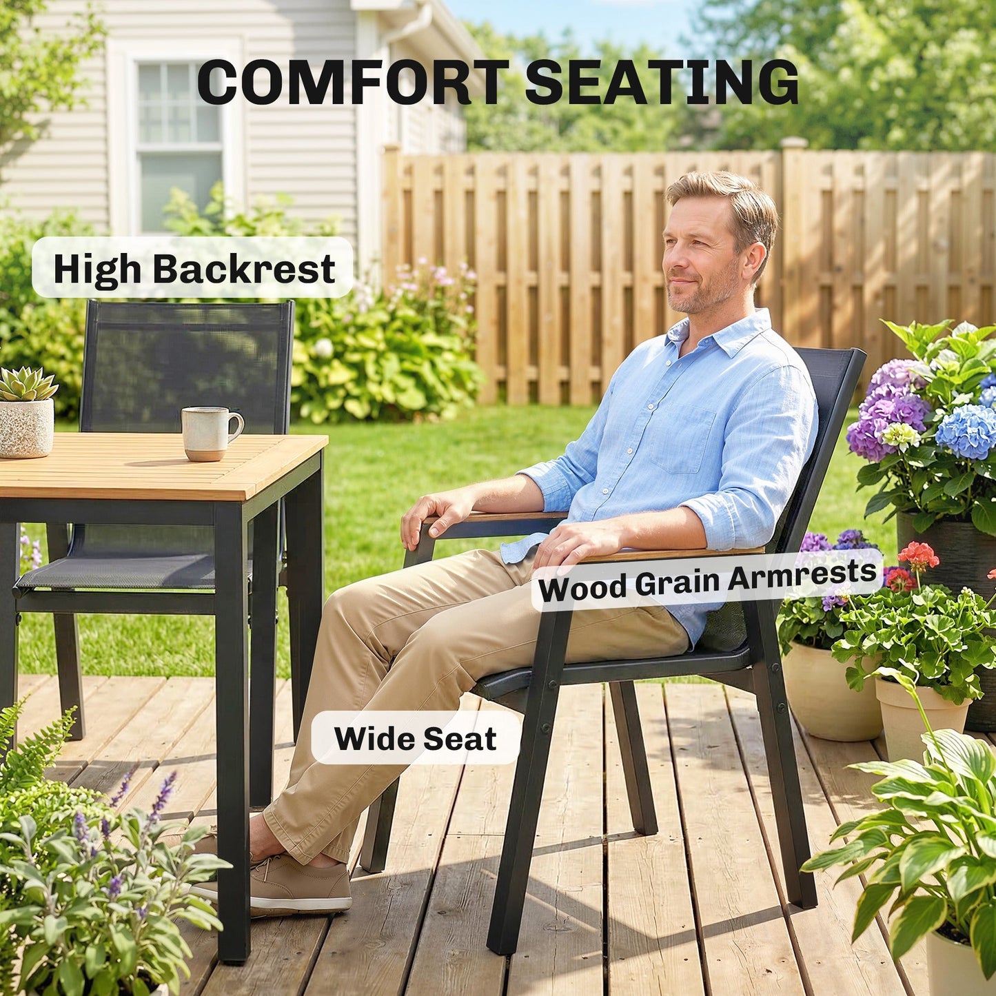 7 Piece Outdoor Dining Set, Rectangle Patio Table and 6 Mesh Chairs with Slatted Tabletop, All Weather Outdoor Dining Furniture Set for Backyard, Deck, Garden, Black