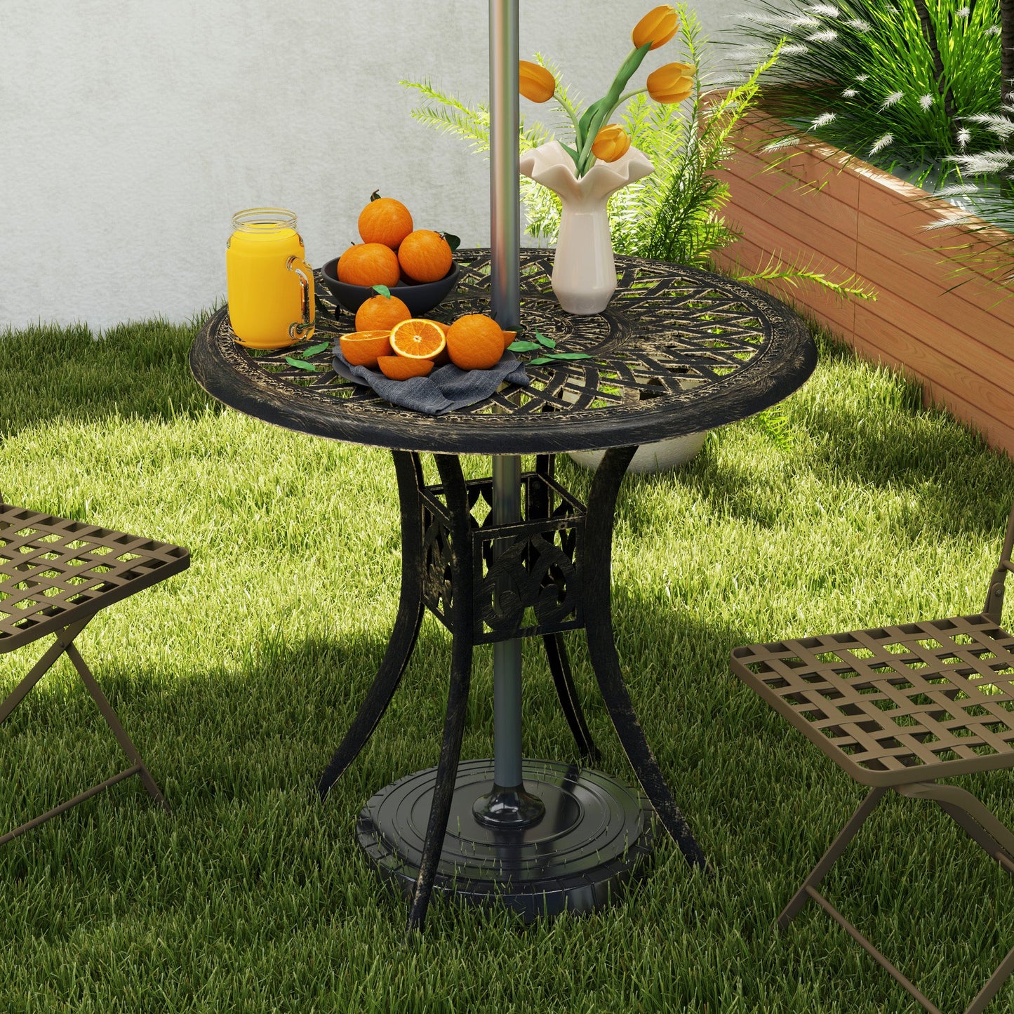 30-inch Round Patio Dining Table with Umbrella Hole Cast Aluminium Outdoor Bistro Table Only, Brown