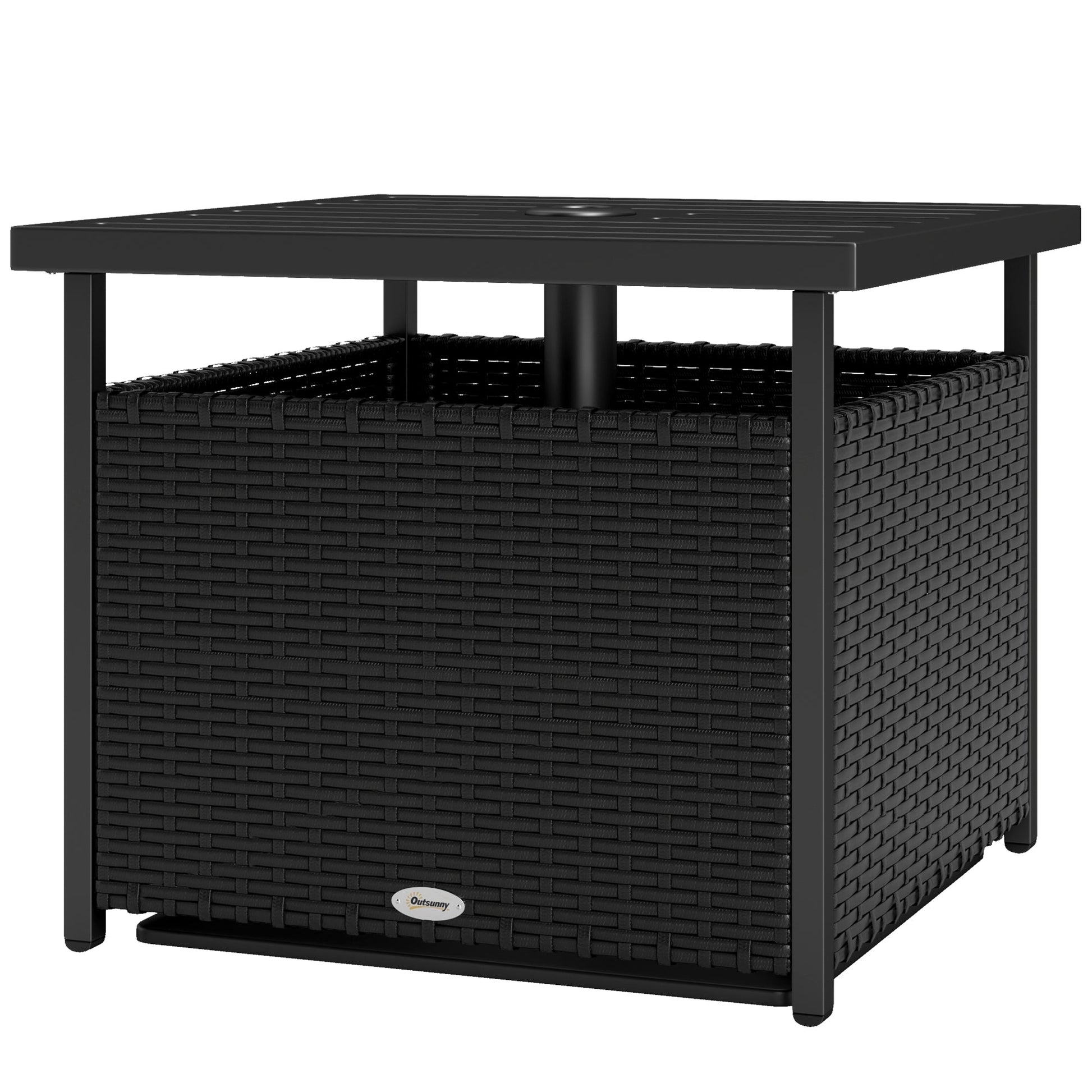 21.75" Outdoor Rattan Wicker Patio Coffee Table with Umbrella Hole, Patio Side Table with Slatted Metal Top, Suitable for Garden, Backyard, Black
