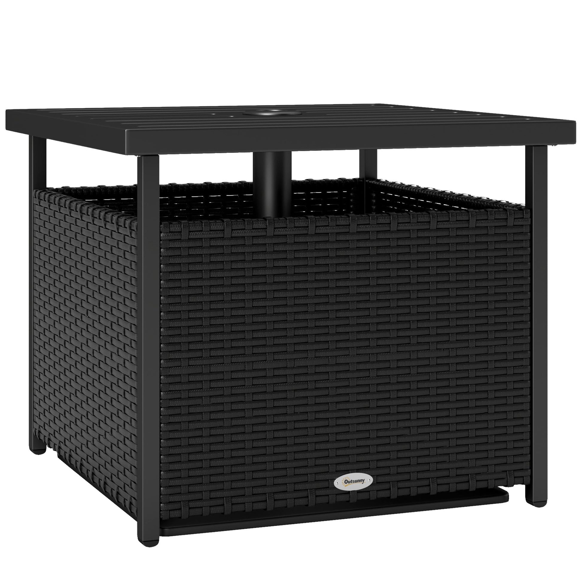 21.75" Outdoor Rattan Wicker Patio Coffee Table with Umbrella Hole, Patio Side Table with Slatted Metal Top, Suitable for Garden, Backyard, Black